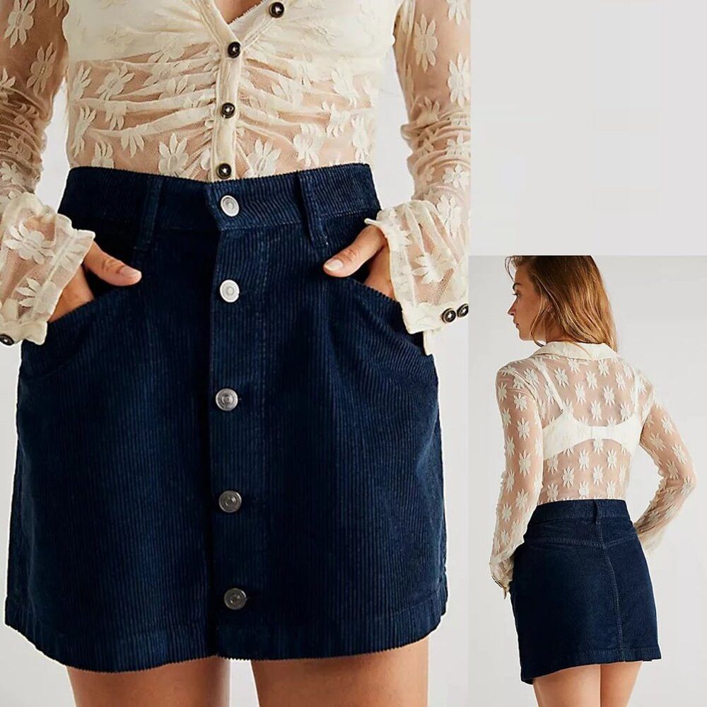 Free People NWT New Free People Ray Corduroy Blue Mini Skirt Size 6 Size 28" / US 6 / IT 42 - 1 Thumbnail