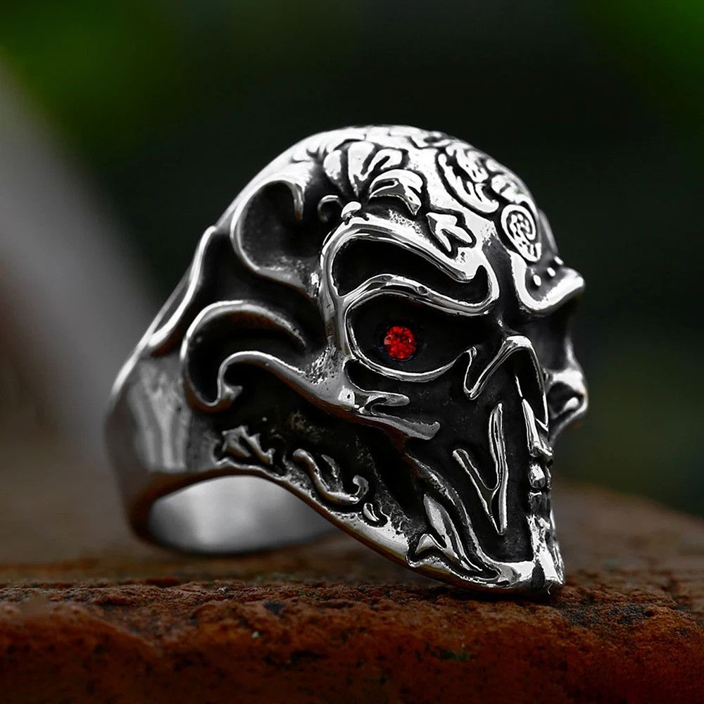 Vintage 316L Stainless Steel Skull Ring With Red Stone Size ONE SIZE - 2 Thumbnail