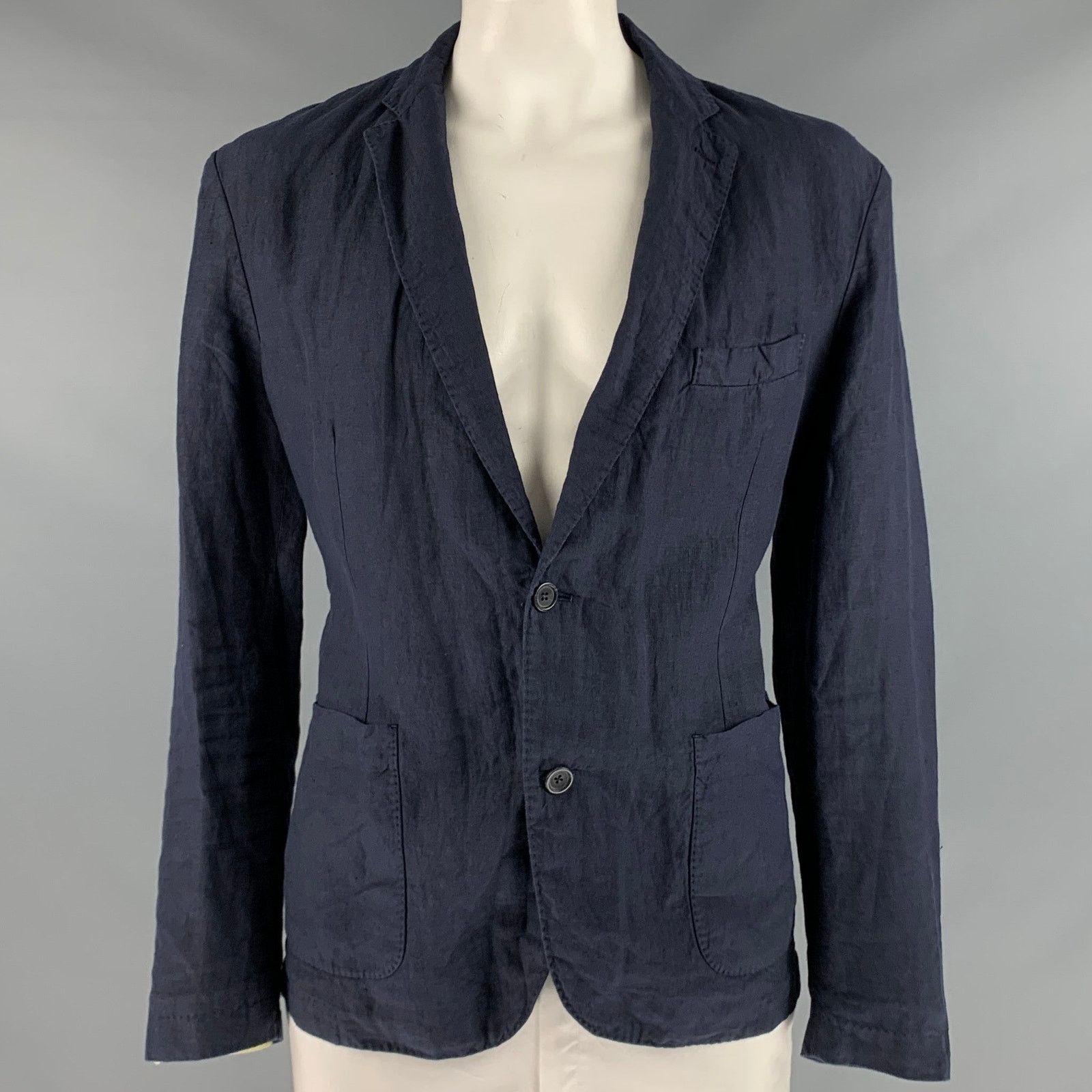 120% Lino 120% LINO Size 46 Navy Linen Notch Lapel Sport Coat Size 46R - 1 Thumbnail