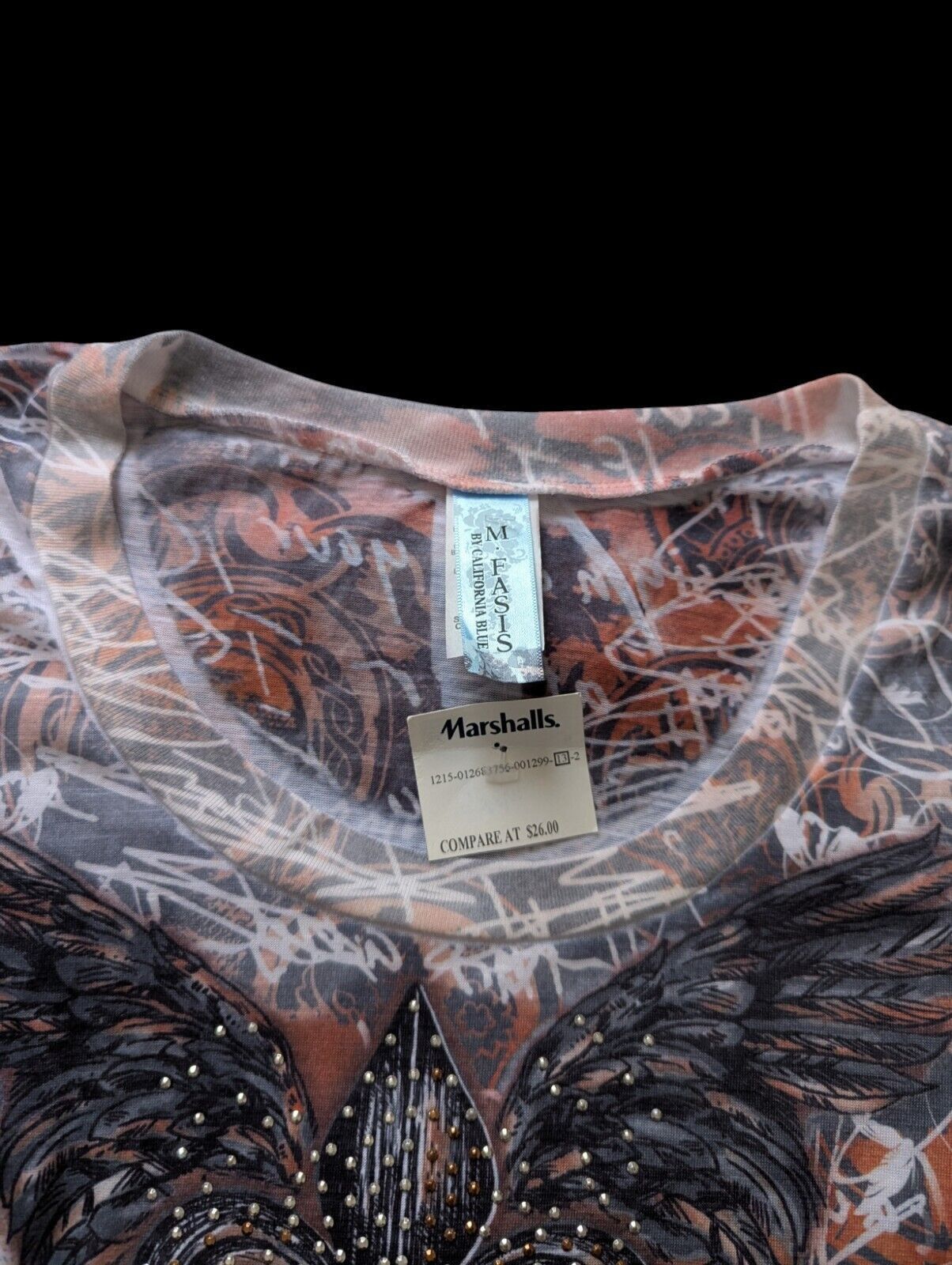 Other Womens LS Top Shirt Rust Orange Gray Fleur De Lis Sequins Size L / US 10 / IT 46 - 2 Thumbnail