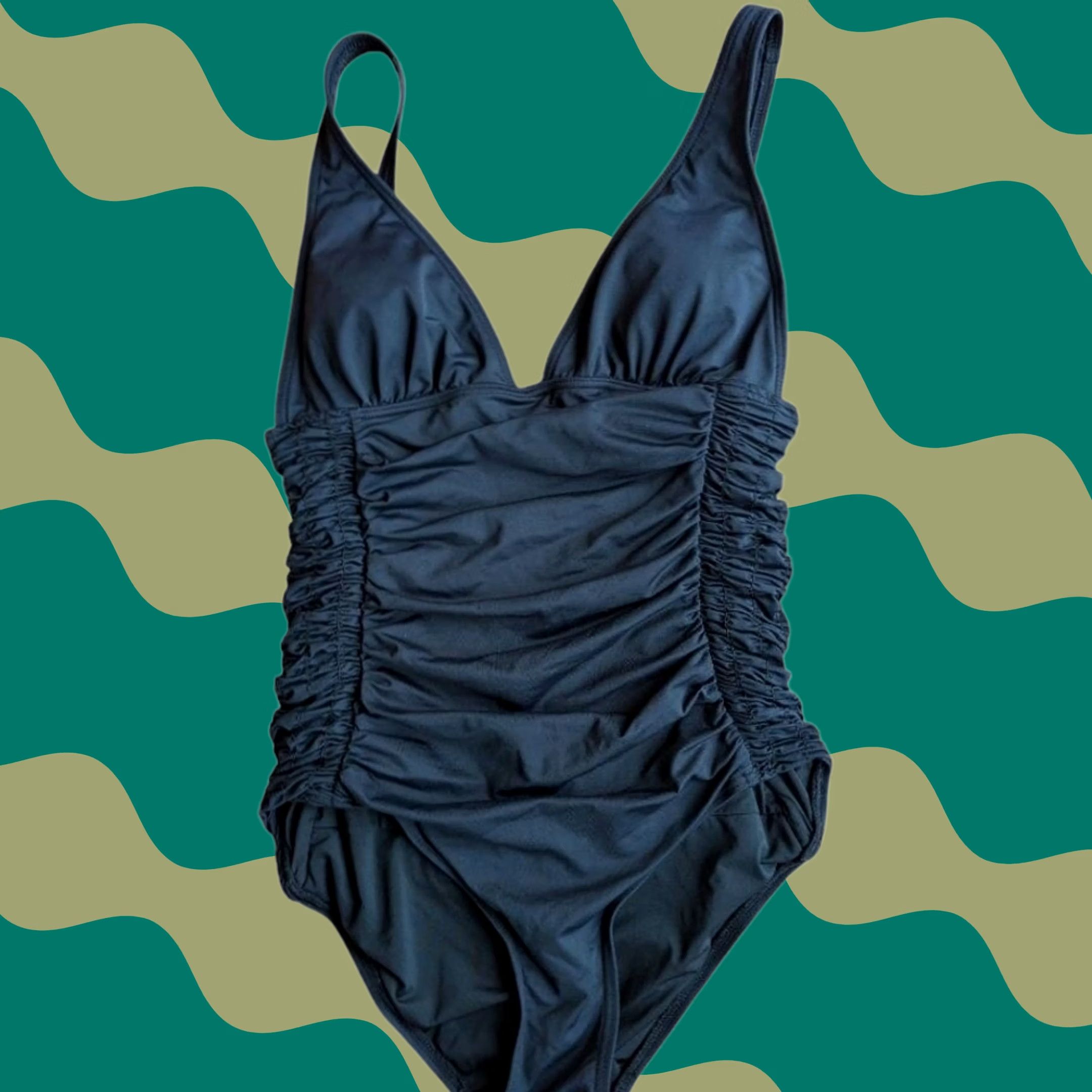 DKNY DKNY One Piece Swimsuit Black Ruched V-Neck Tummy Control Tank Straps Lined Padded Slimming 10 Tall Sz 10 Size L / US 10 / IT 46 - 1 Thumbnail