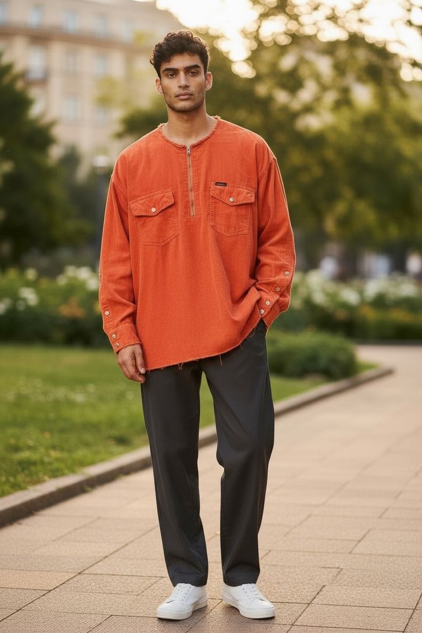 Japanese Brand A.E Orange Corduroy Frayed Pullover Kapital Style Shirt Size US M / EU 48-50 / 2 - 1 Thumbnail