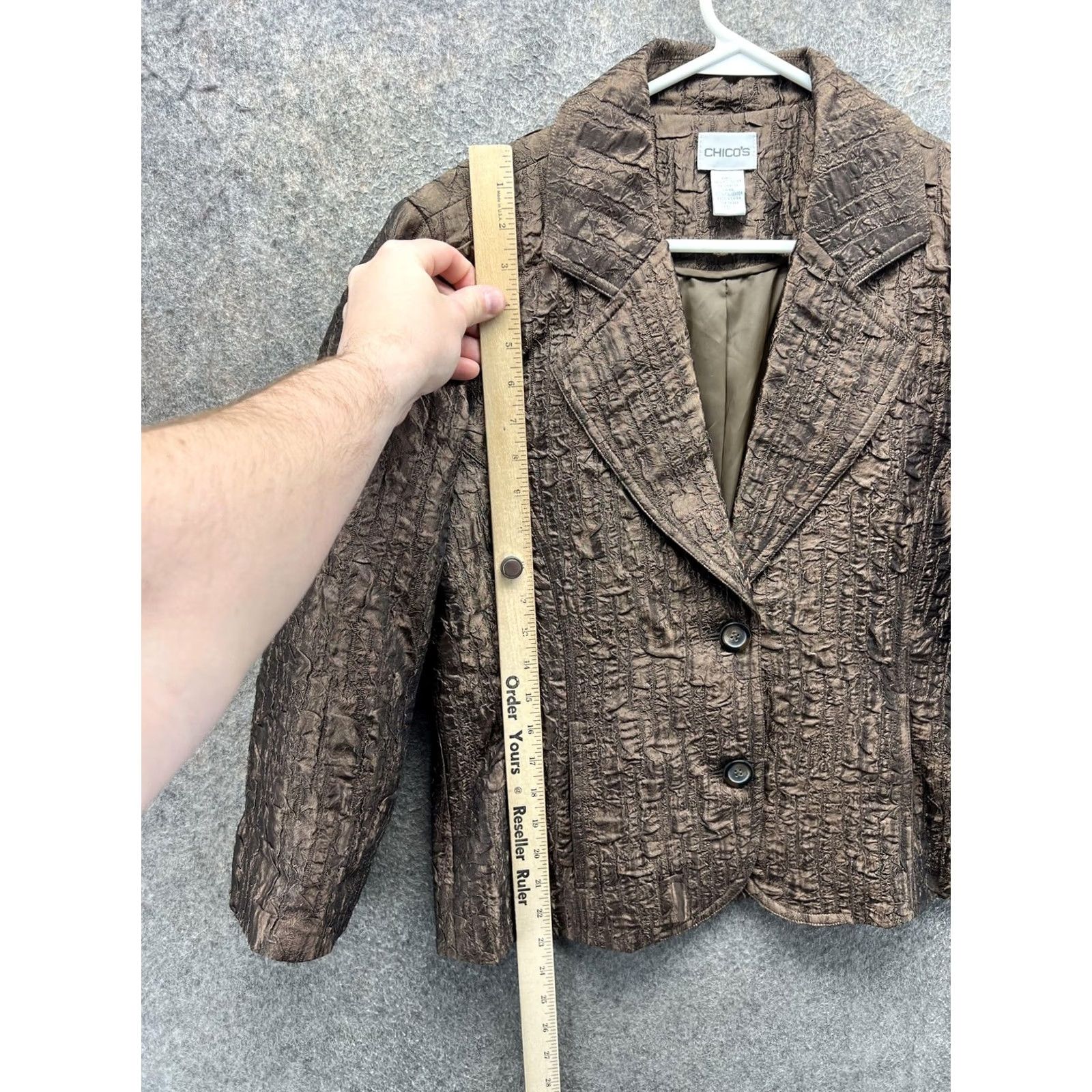 Vintage Chico's Blazer Womens 1 Brown Textured Taffeta Button Front Lined Short Evening Blazer Jacket Mens? Size 25" / US 0 / IT 36 - 5 Thumbnail