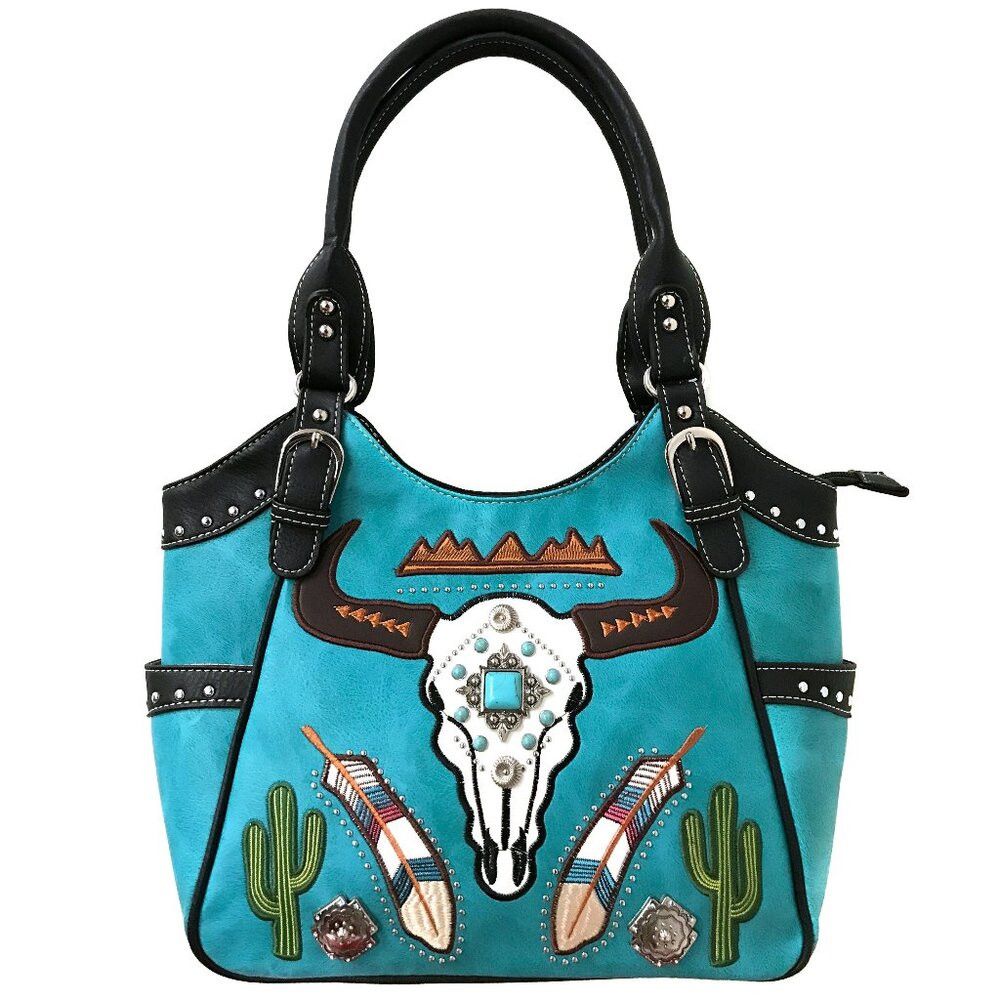 Other New Longhorn Skull Feather Embroidery Tote Purse Size ONE SIZE - 1 Thumbnail