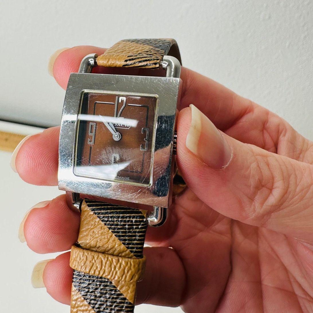 Coach Coach Silver Square Bronze Face Watch Tan Plaid Watchband Size ONE SIZE - 11 Thumbnail
