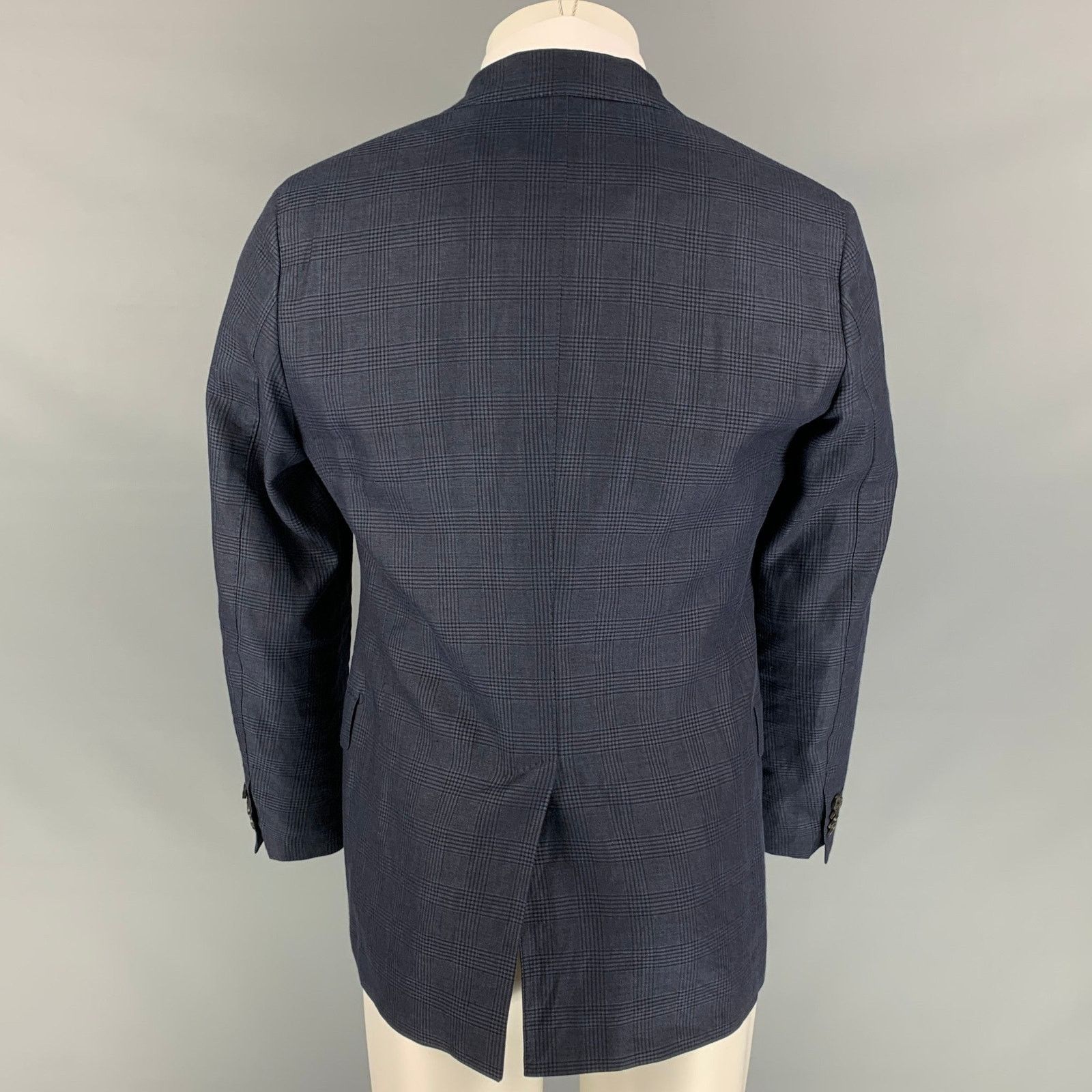 Salvatore Ferragamo Size 38 Navy Plaid Linen Blend Notch Lapel Sport Coat Size 38R - 4 Thumbnail