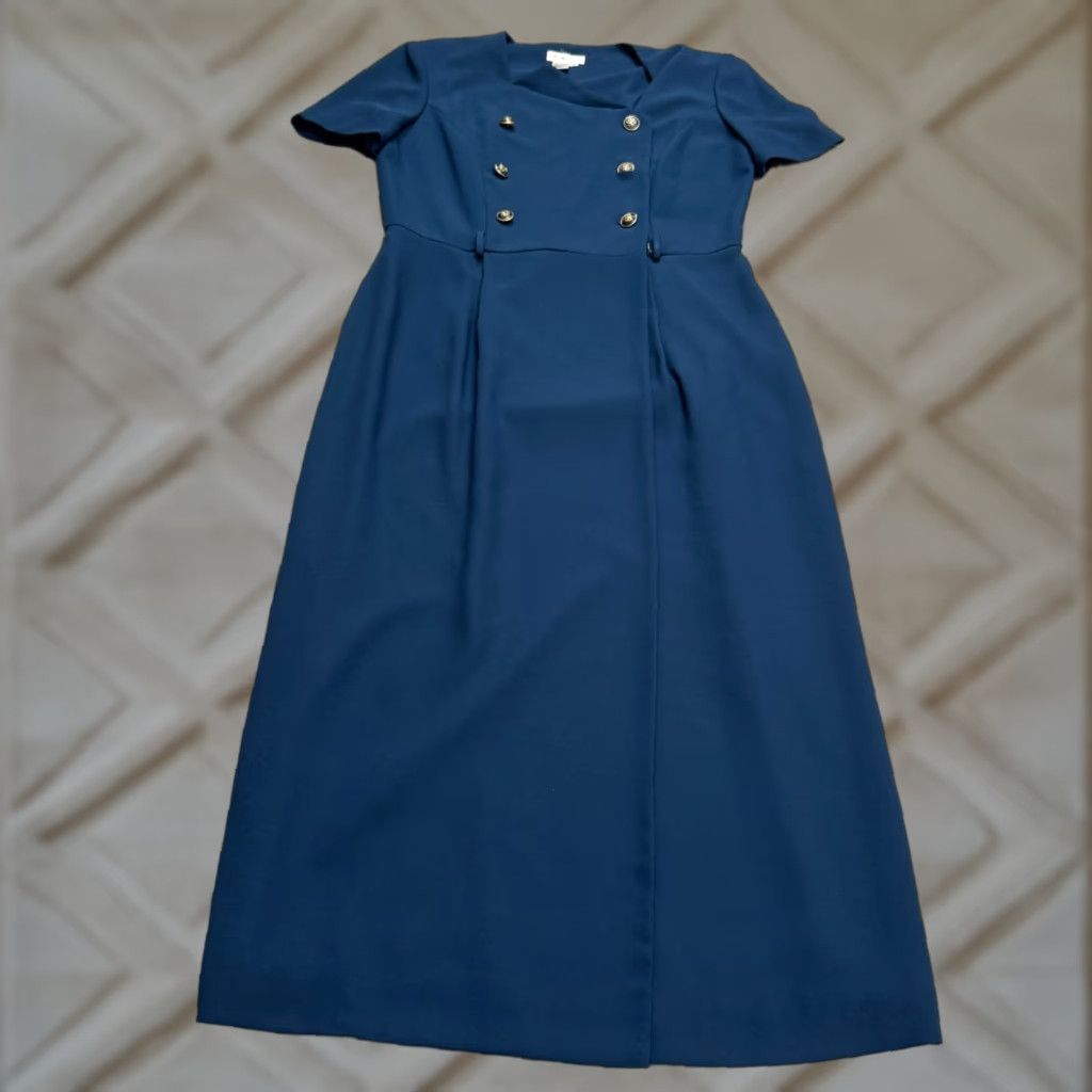 VINTAGE Talbots Dress 10 Navy Blue 90s Sheath Midi Short Sleeve Womens Ladies Workwear Classic Secretary Officewear Feminine BOSS