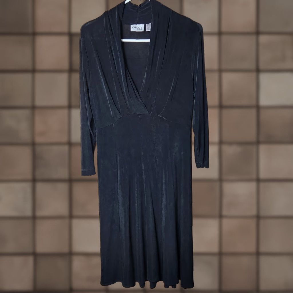 Vintage Chicos Travelers Black Slinky Surplice 3/4 Sleeve Knee Length Fit/Flare Dress |XS/4| Size S / US 4 / IT 40 - 1 Thumbnail