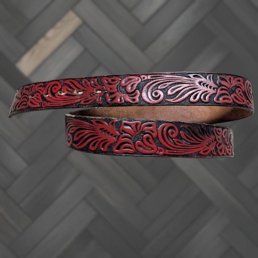 Vintage VINTAGE western belt belt 34 red/brown floral cowhide leather Men Size 34 - 1 Thumbnail