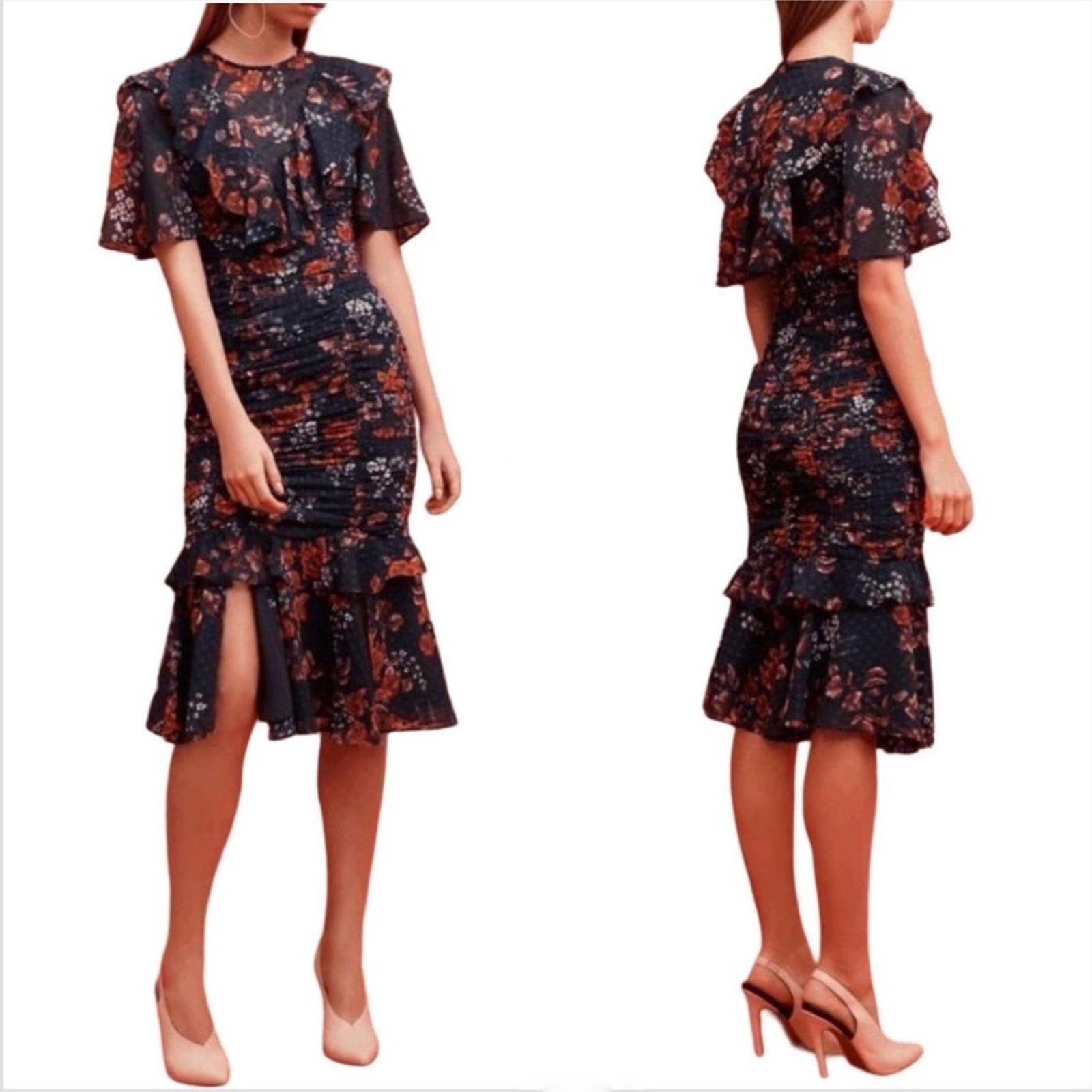 image of Nordstrom Keepsake Navy Blue Red White Floral Ruffle Ruche Midi Dress in Black, Women's (Size XS)