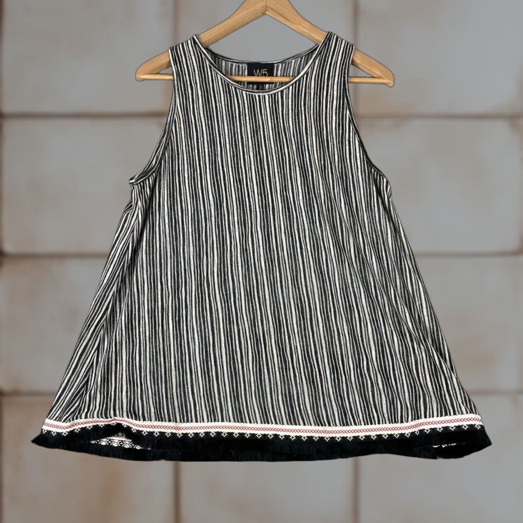 Vintage W5 Tank Top Womens Large Black White Striped Fringe Hem Boho Sleeveless Knit Size L / US 10 / IT 46 - 1 Thumbnail