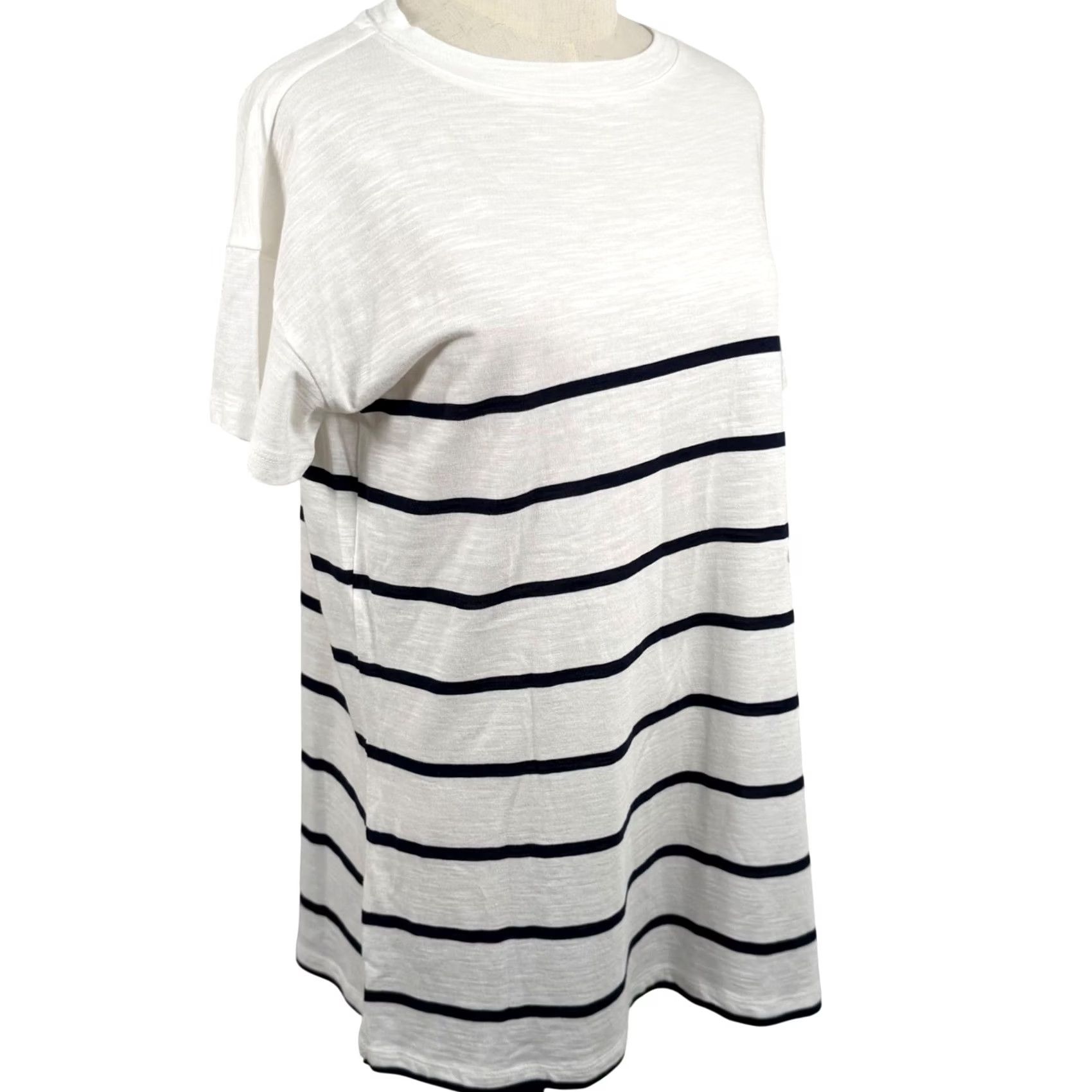 Vintage NWT Maurices 24/7 Striped Drop Shoulder Tee Shirt Cotton Modal Nautical Crew Neck Short Sleeve White Navy Womens Small Size S / US 4 / IT 40 - 4 Thumbnail