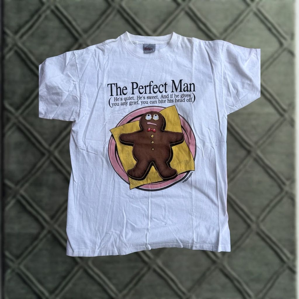 Vintage VINTAGE 1990s Gingerbread Man "The Perfect Man" Funny Humor Tee XL USA Badger Shirt Unisex White Graphic Tee 1990s Badger Sportswear Size US XL / EU 56 / 4 - 1 Thumbnail
