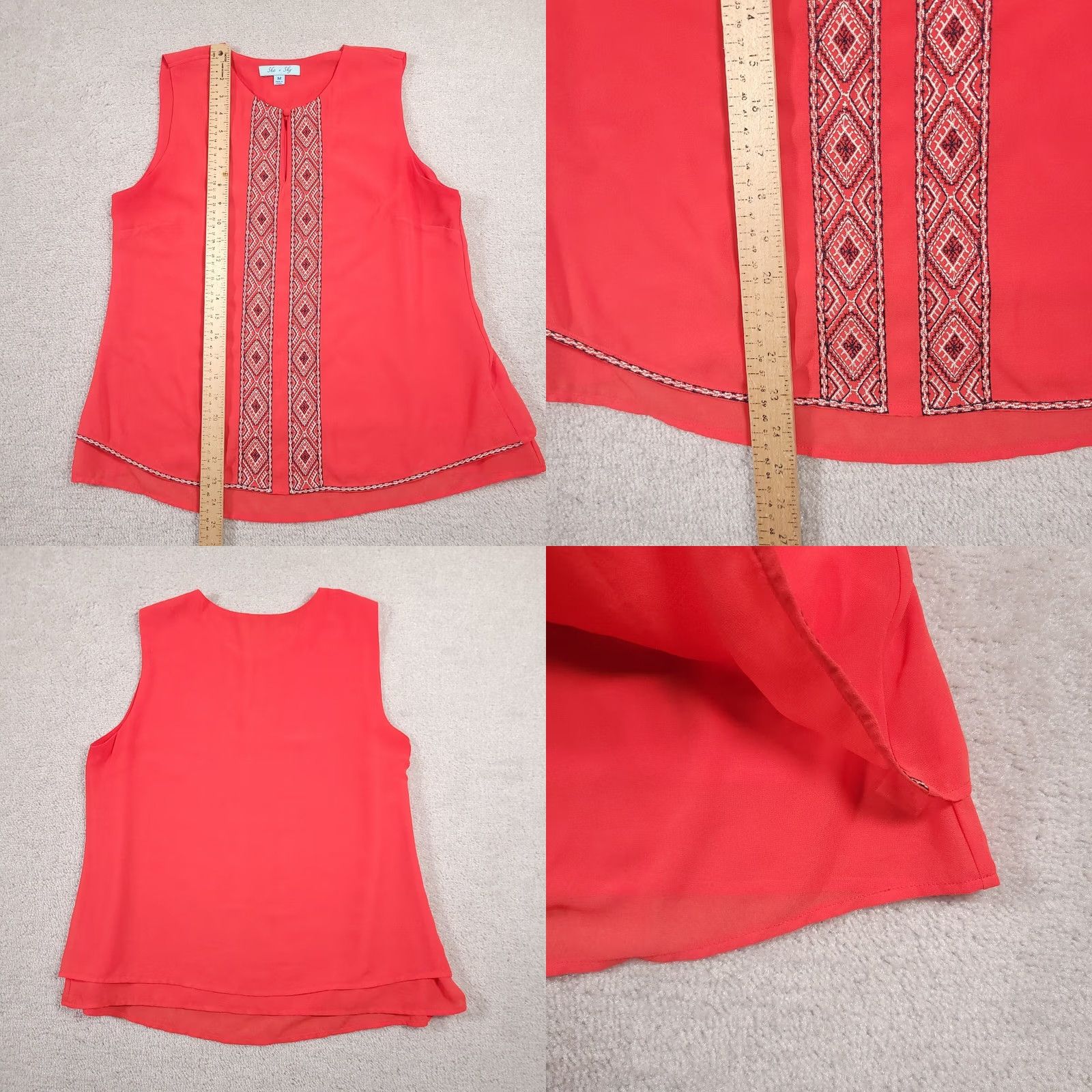 Vintage She Sky Tank Women's Medium Red Sleeveless Shirt Keyhole Neck Tiered Boho Aztec Size M / US 6-8 / IT 42-44 - 8 Thumbnail