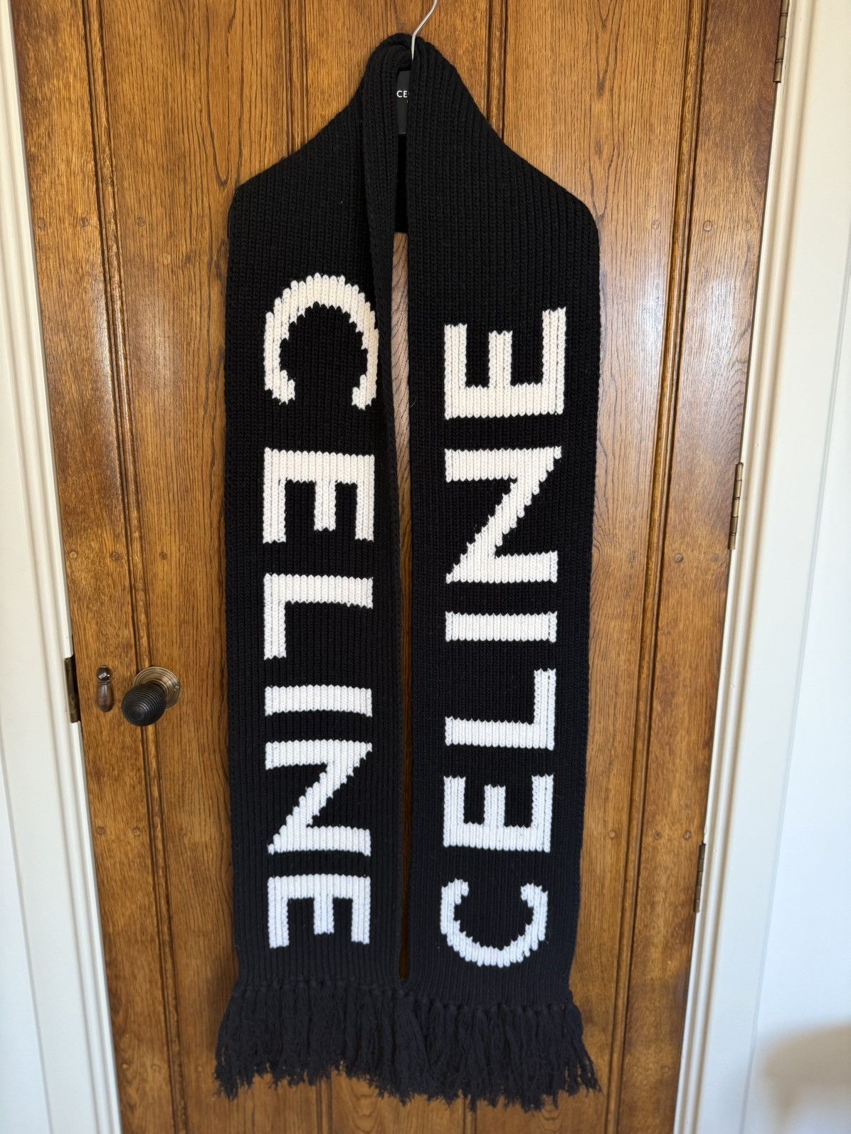 Celine $850 Celine black white logo scarf fringed in wool Sample Size ONE SIZE - 5 Thumbnail