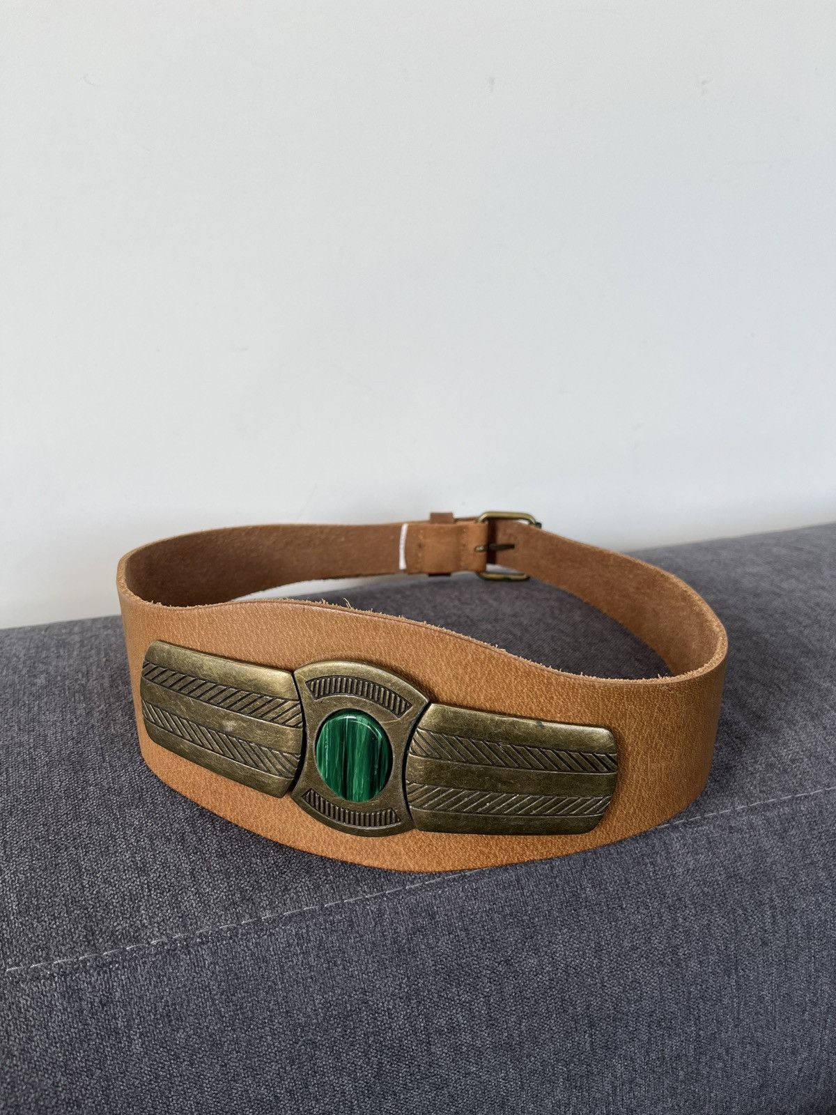 Cowboy Equipment × Vintage Vintage Aztec Mayan Leather Wide Belt Malachite Gemstone Size ONE SIZE - 1 Thumbnail