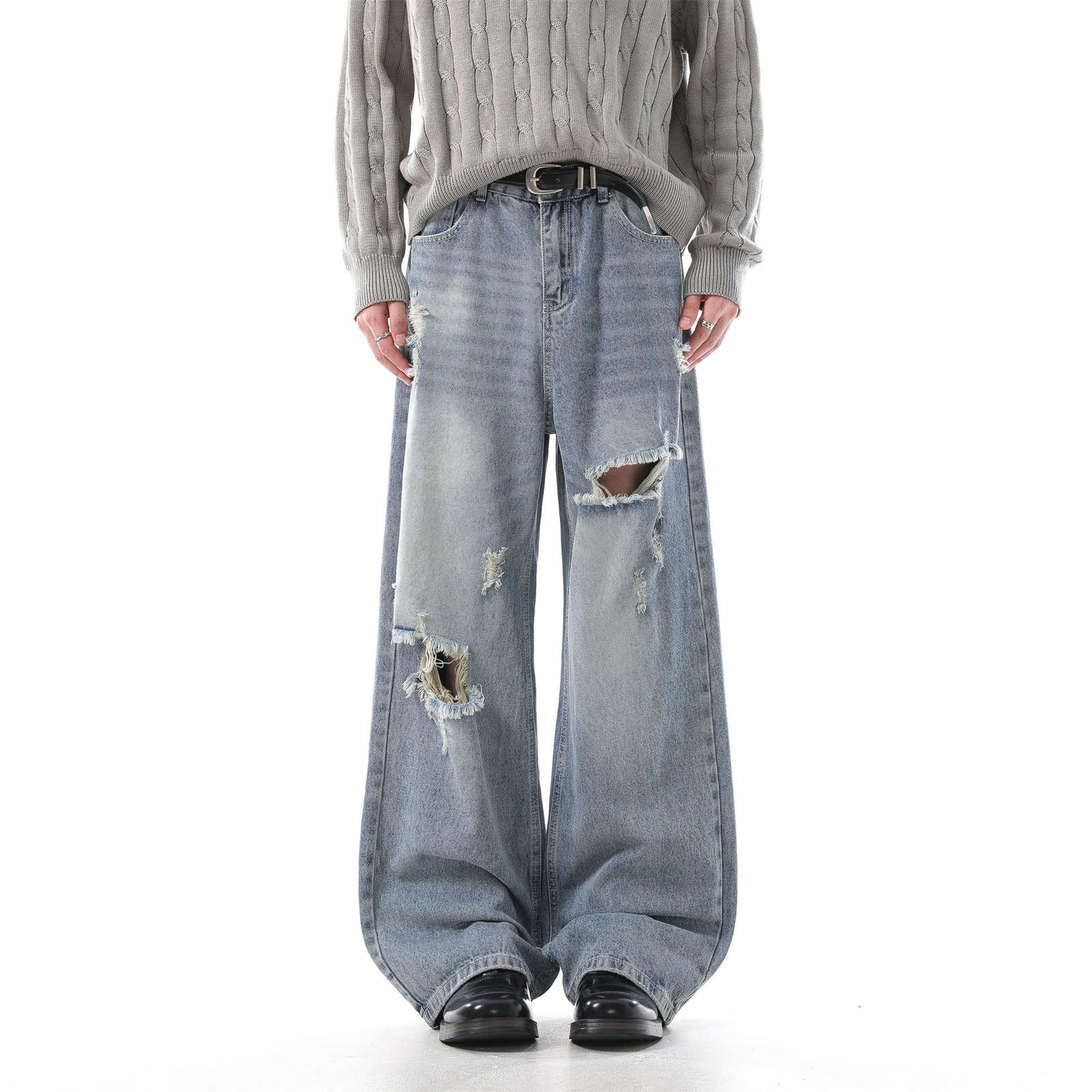Vintage Light Blue Distressed Wide Leg Denim Jeans, Baggy Fit Size US 32 / EU 48 - 2 Thumbnail