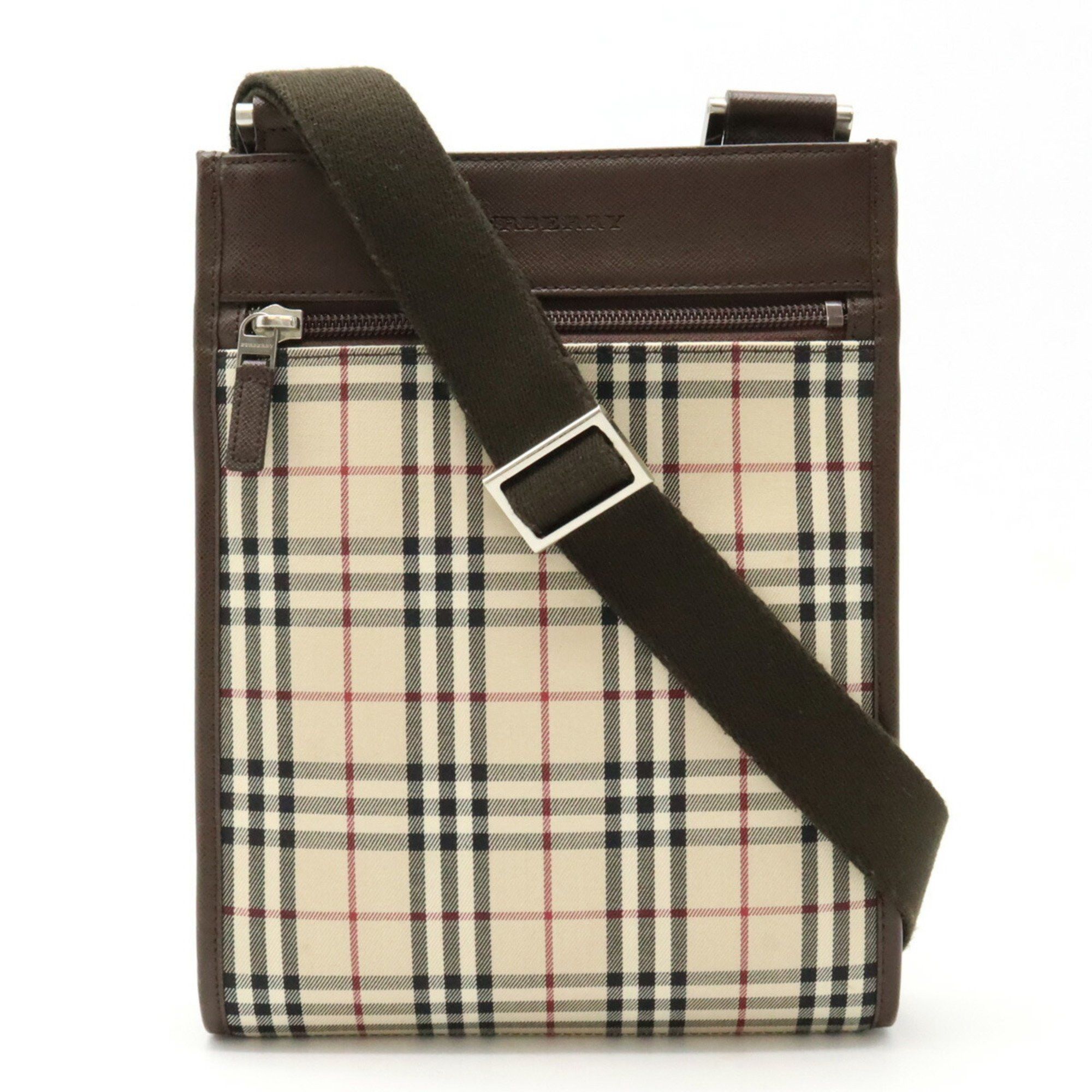 image of Burberry Nova Check Shoulder Bag Pochette Canvas Leather Beige Dark Brown, Women's