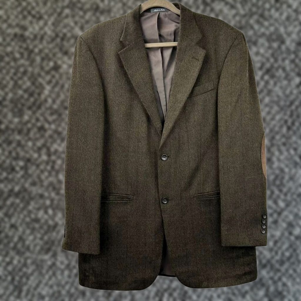 Oscar De La Renta VINTAGE Oscar de la Renta Blazer Jacket Men 40L Brown 100% Lambswool Tweed Herringbone Suede Elbows Size 40R - 1 Thumbnail