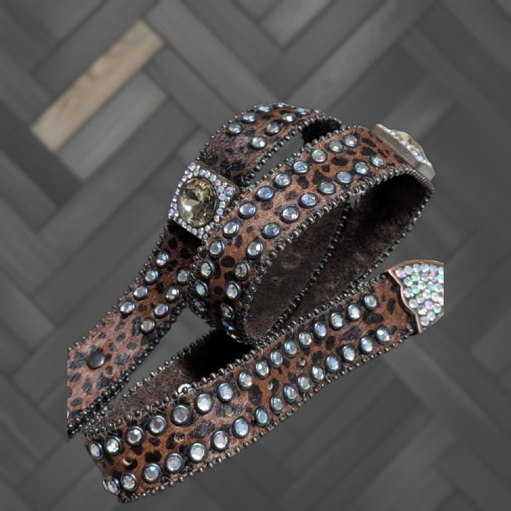 Vintage VINTAGE Y2K COW H AIR rhinestone LEOPARD leather BELT 38 brown STUDDED Western Belt, Cowboy, Rodeo, Southwestern Mens Size 38 - 1 Thumbnail