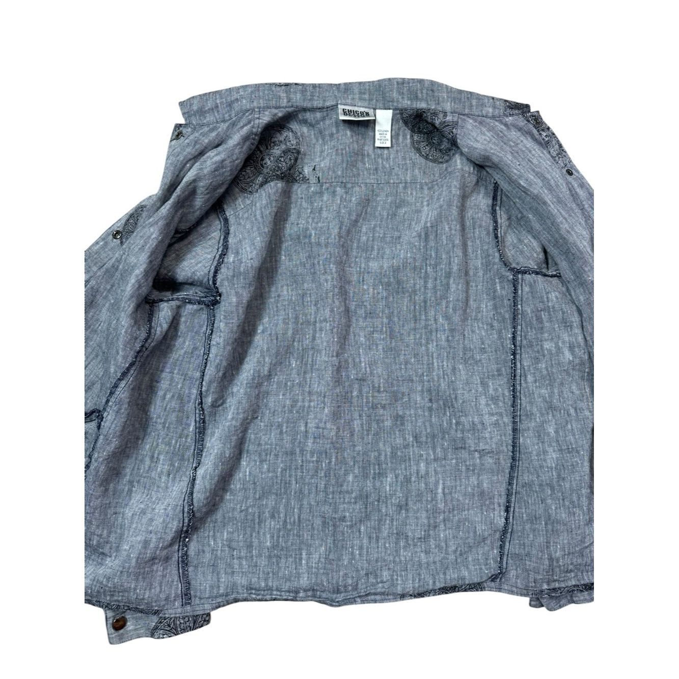 Chicos Chico's Gray Medallion Print Snap Button Linen Shirt Size 2 Size L / US 10 / IT 46 - 6 Thumbnail