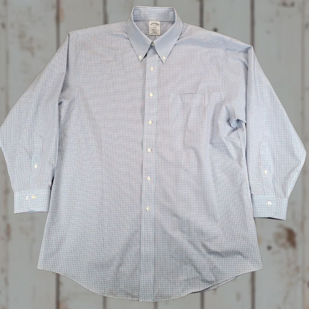 Brooks Brothers Brooks Brothers Dress Shirt Regent Fit Non Iron 17 2/3 43 Blue Gingham Mens Button-Down 100% Cotton Shirt Pattern Check Size 46R - 1 Thumbnail