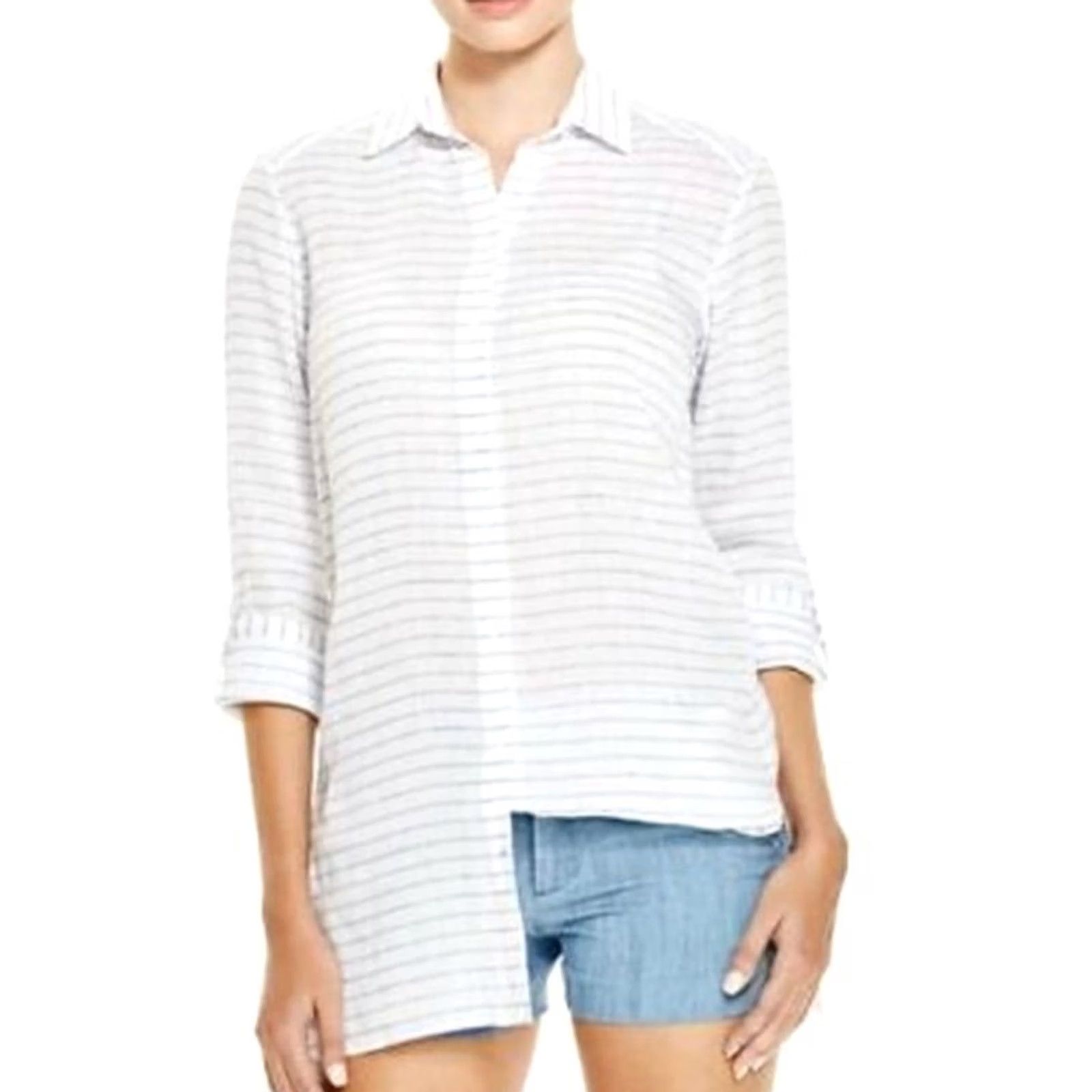Alice + Olivia ALICE & OLIVIA Button-Up Shirt Women S Striped Long Sleeve Tunic Blue/White Linen/Cotton V-Neck Tie Cuffs Casual Modern 90s? Size S / US 4 / IT 40 - 2 Thumbnail