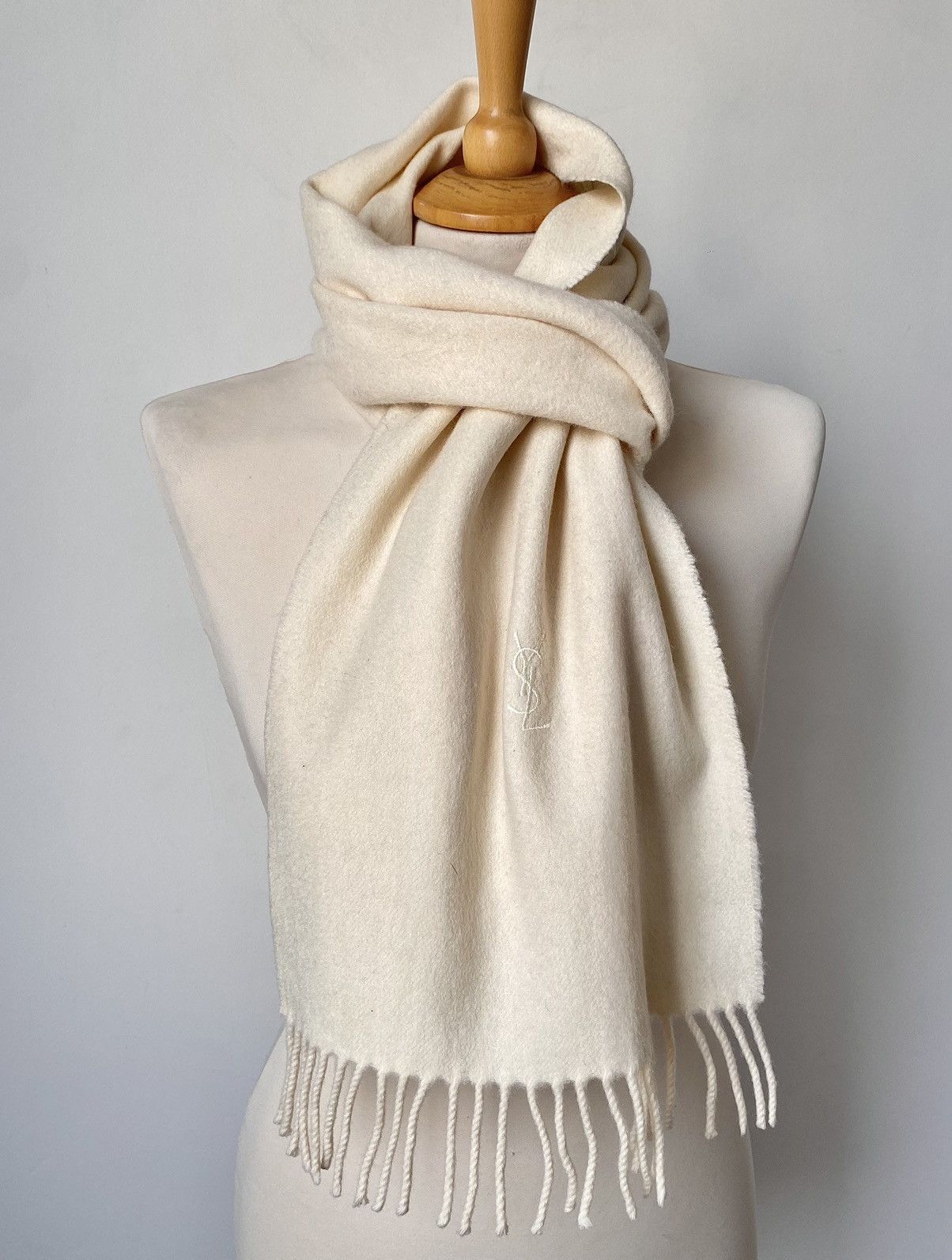 Yves Saint Laurent Yves Saint Laurent Lambswool Ecru Scarf Size ONE SIZE - 1 Thumbnail