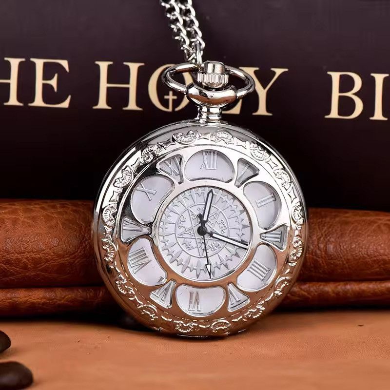 Jewelry Engraved Hollow Quartz Pocket Watch in Silver, Men's
