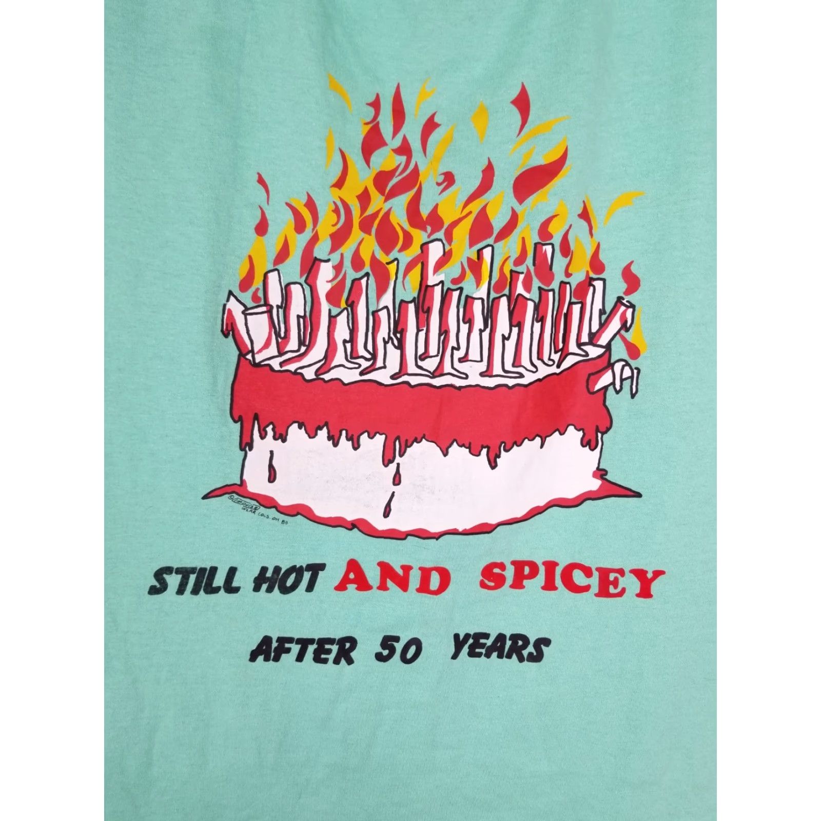 Vintage VINTAGE 88' STILL HOT AND SPICEY AFTER 50 YEARS SINGLE STITCH 50/50 T-SHIRT L Mens Green Cotton Short Sleeve Round Neck Size US L / EU 52-54 / 3 - 2 Thumbnail