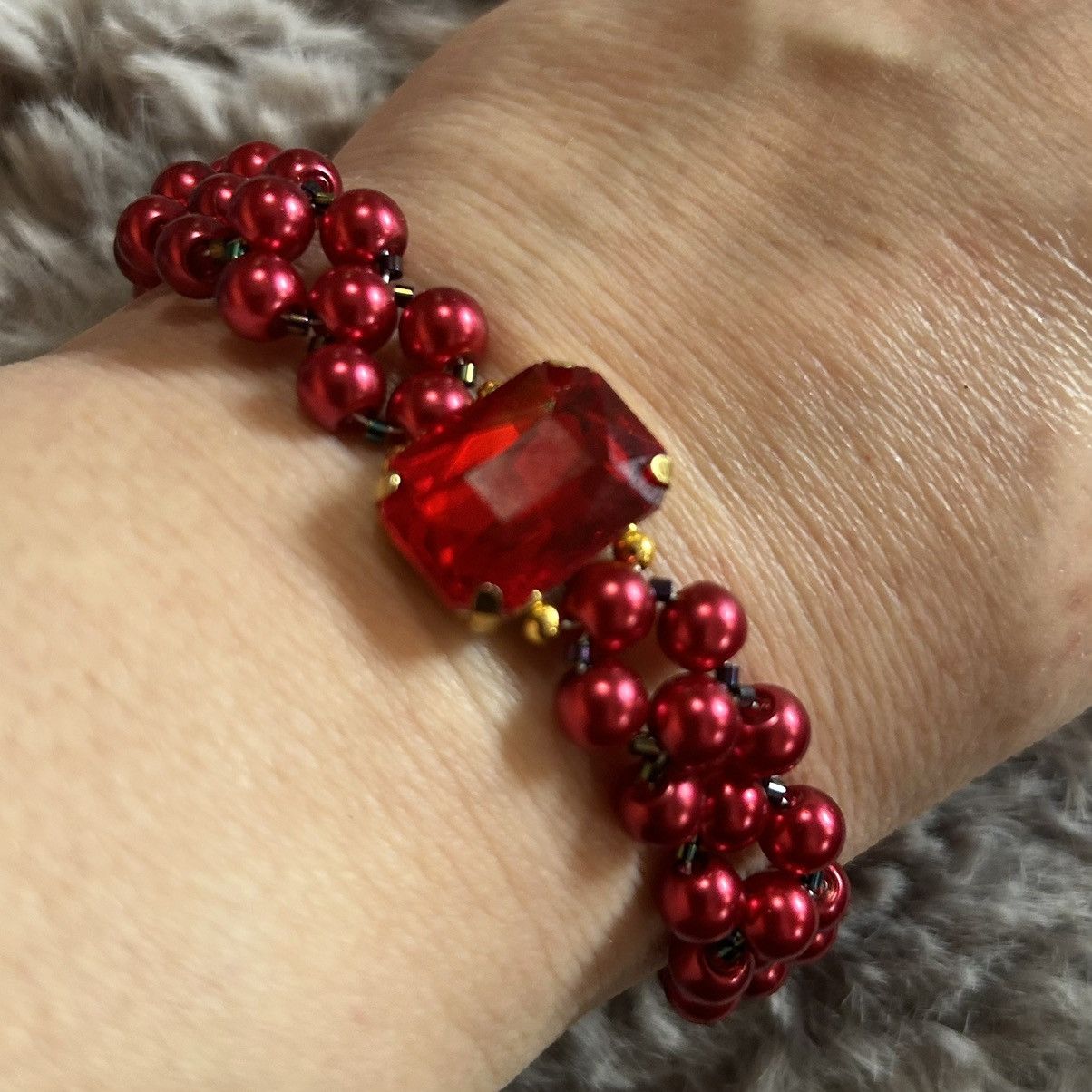 Handmade Handcrafted ruby red Czech glass pearl rainbow bracelet Size ONE SIZE - 1 Thumbnail
