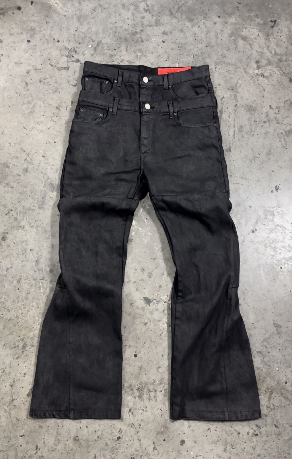 Image of Archival Clothing @ Bi0My Double Waist Waxed Denim in Black, Men's (Size 30)