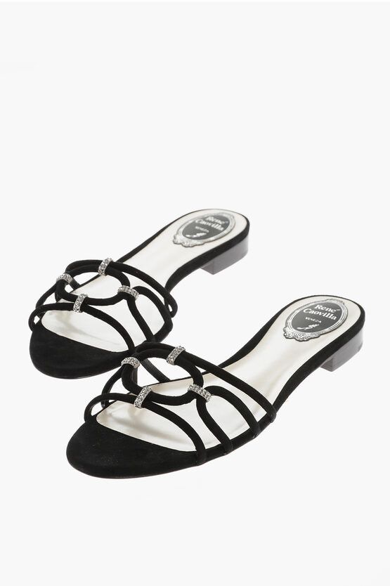 image of Rene Caovilla Suede Sandals Embellished With Rhinestones in Black, Women's (Size 7)