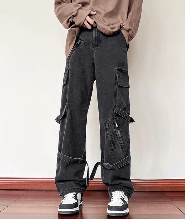 Japanese Brand Black strappy men's straight zippered cargo jeans Size US 32 / EU 48 - 2 Thumbnail
