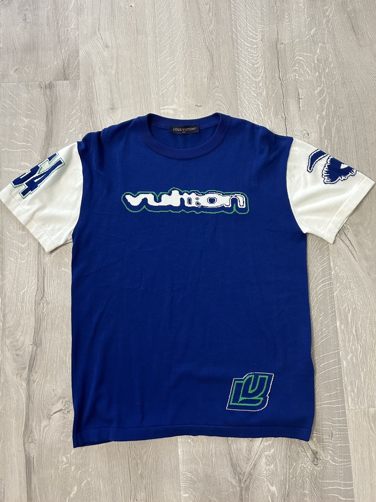 image of Louis Vuitton Intarsia Crewneck in Blue, Men's (Size Medium)