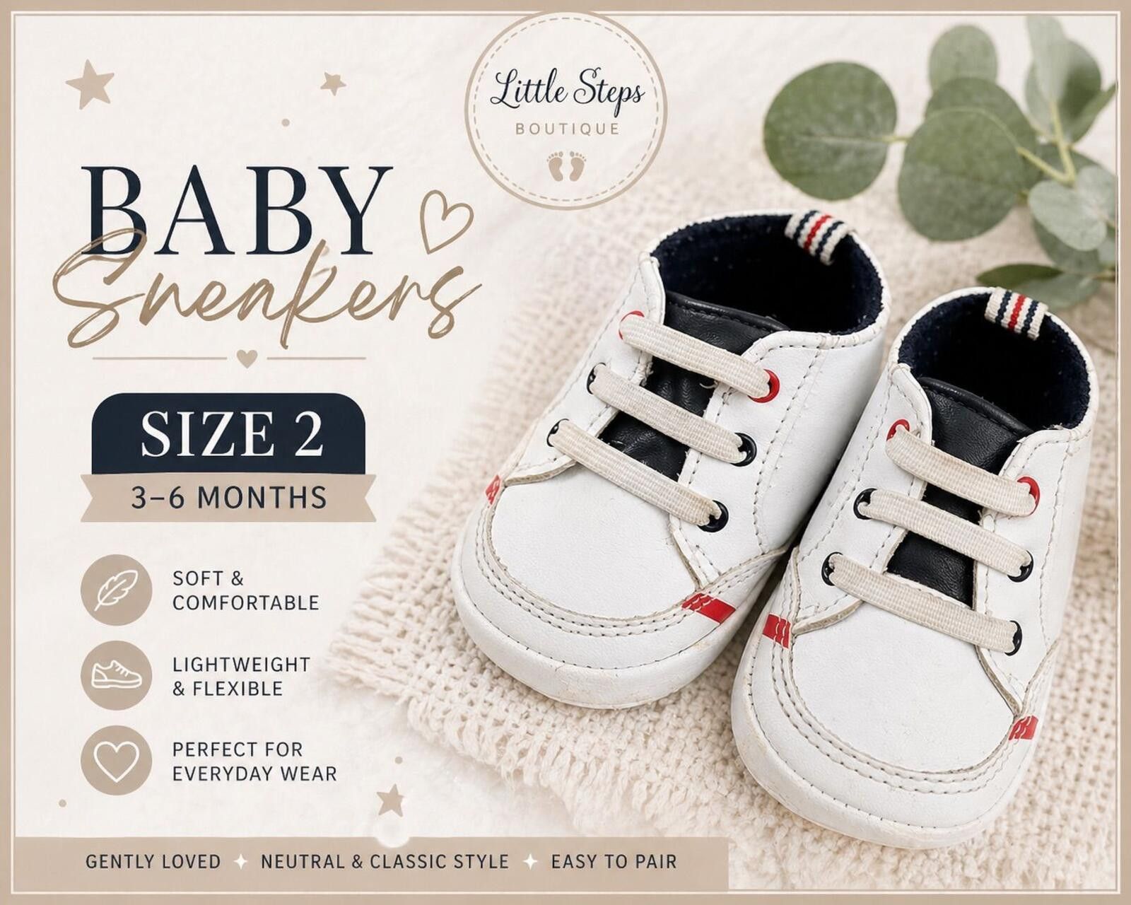 The Unbranded Brand Baby Size 2 White Sneakers 3–6 Months Soft Sole Infant Shoes Size ONE SIZE - 1 Thumbnail