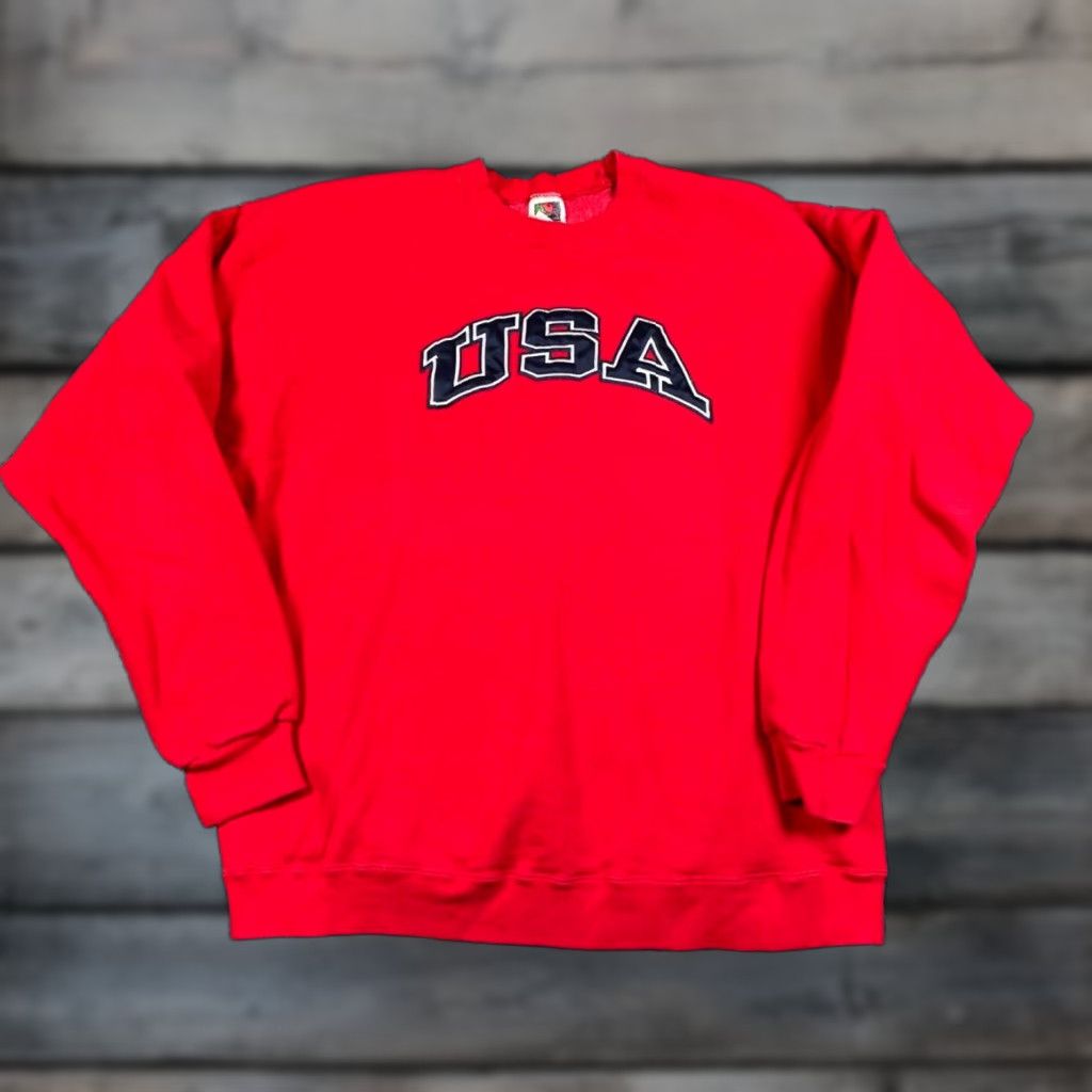 Fruit Of The Loom VINTAGE Fruit of the Loom USA Arc Em broidered Sweatshirt Red XL Men's Crewneck Heavyweight Cotton-Polyester 90s Size US XL / EU 56 / 4 - 1 Thumbnail