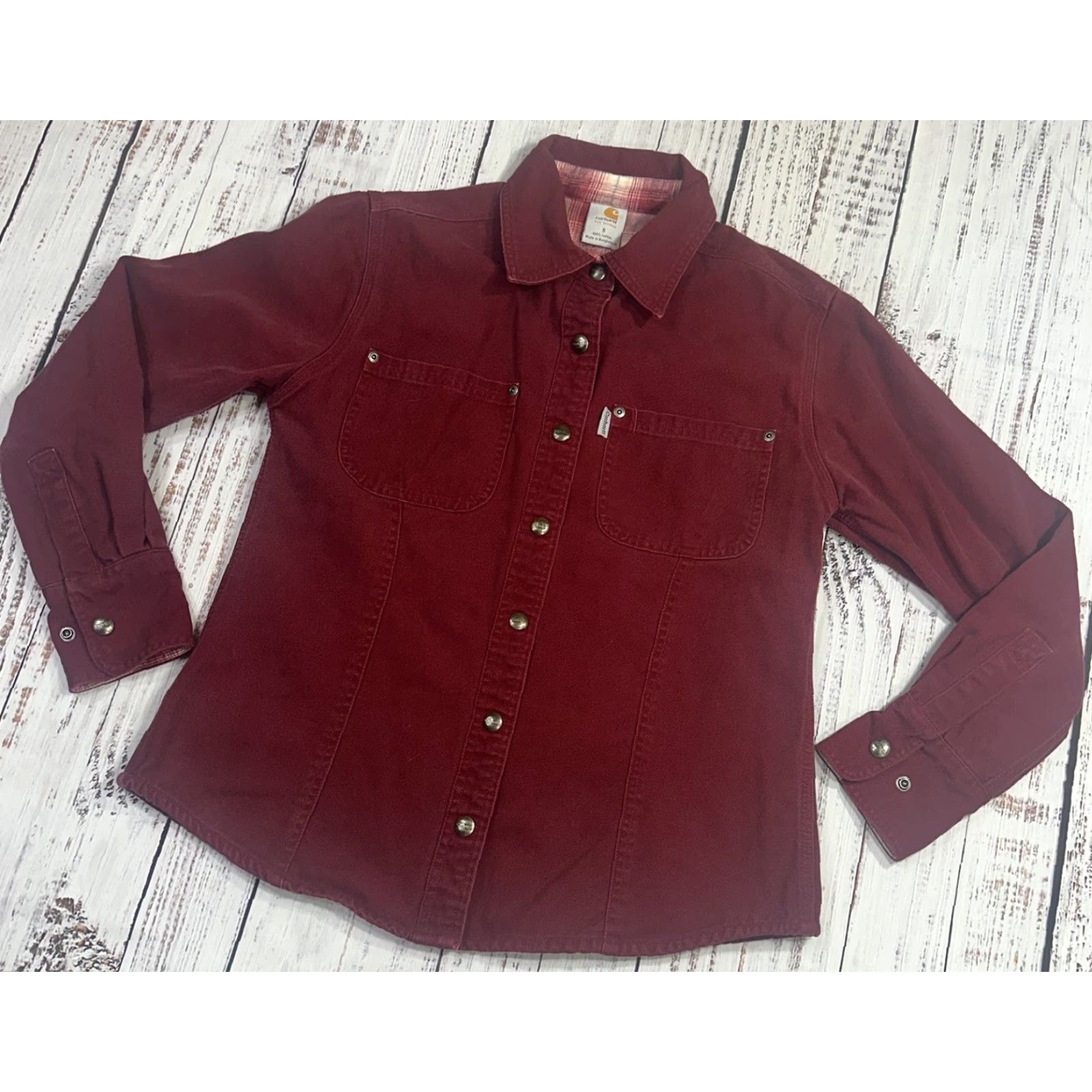 Carhartt Carhartt Women Dark Red Canvas Snap Up Shirt WS006DKR Small Lined Flannel Long Sleeve Button-Up Size S / US 4 / IT 40 - 2 Thumbnail