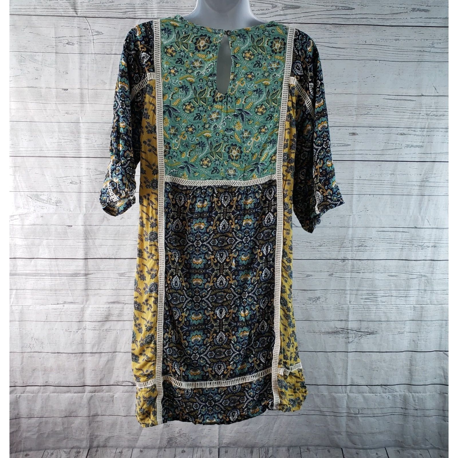 Vintage Bob Timberlake Womens Dress M Yellow Floral Rayon Keyhole Scoop Neck 3/4 Sleeve Short Vintage No Size M / US 6-8 / IT 42-44 - 4 Thumbnail
