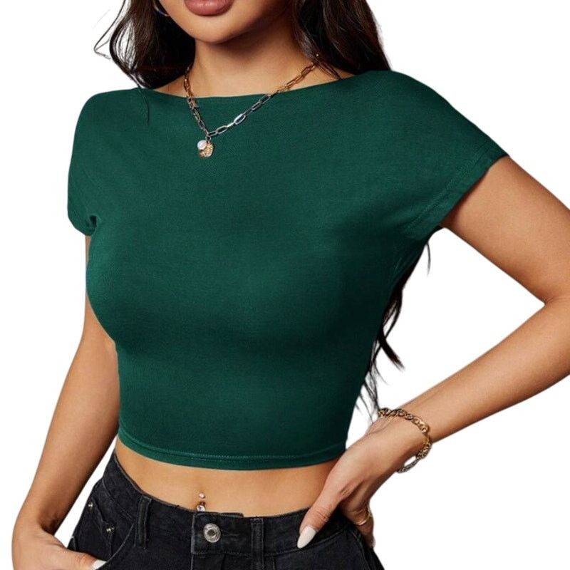 Shein Petite Backless Short Sleeve T-Shirt in Green, Size SP Size S / US 4 / IT 40 - 1 Thumbnail