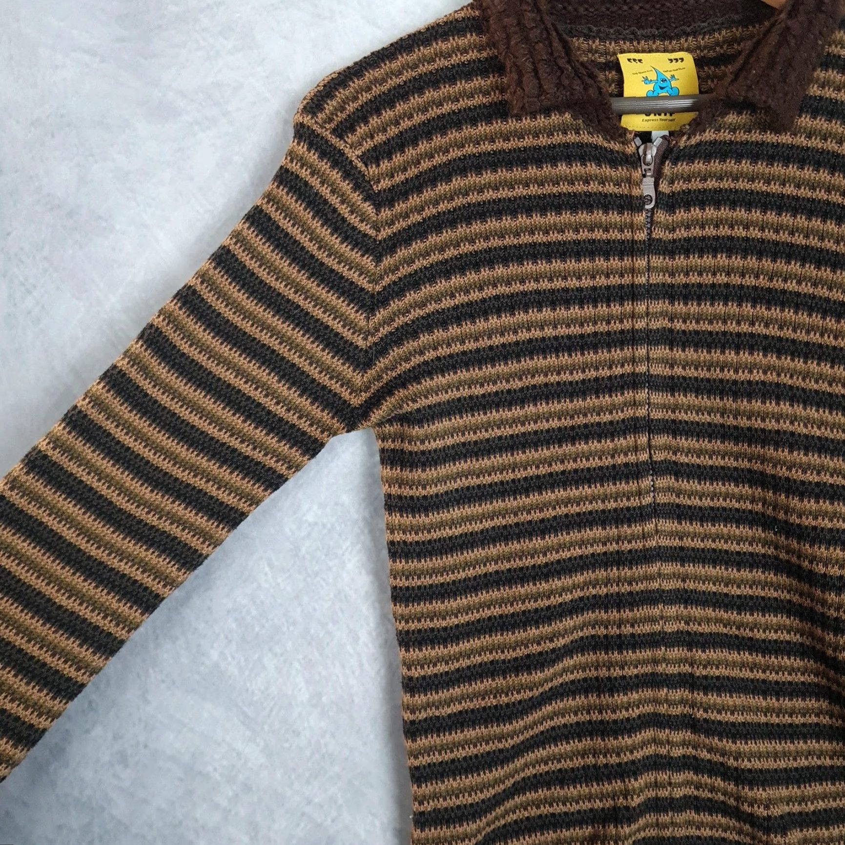 UNIF VINTAGE UNIF Sweater Cardigan Womens XL Brown Striped Collared Zip Stretch 90s Grunge Size XL / US 12-14 / IT 48-50 - 5 Thumbnail