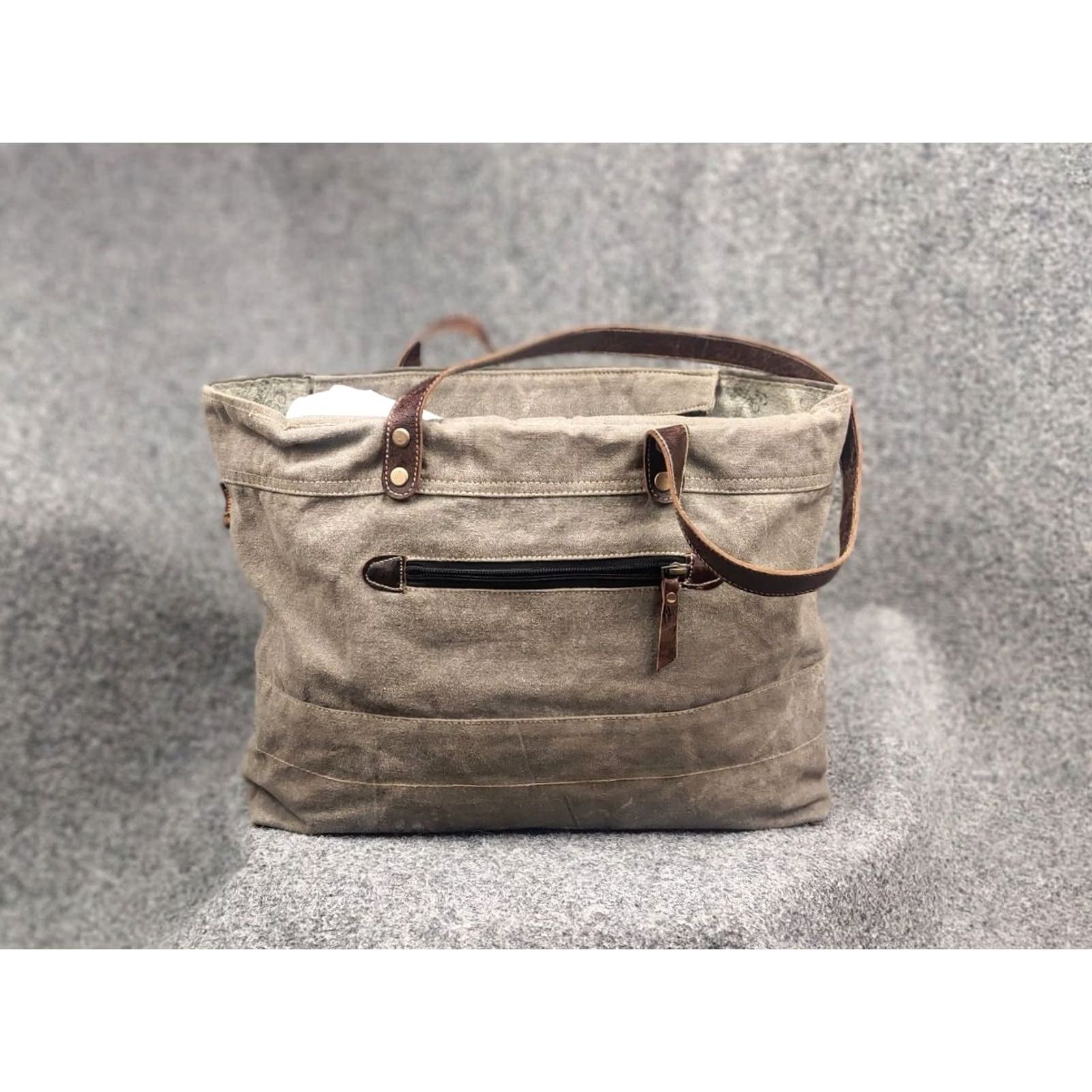 Vintage Myra India Design Vintage Leather & Canvas Tote Shoulder Bag Medium Beige Women Handbag 90s Army Art Brand Myra Mens Womens Girls Size ONE SIZE - 5 Thumbnail