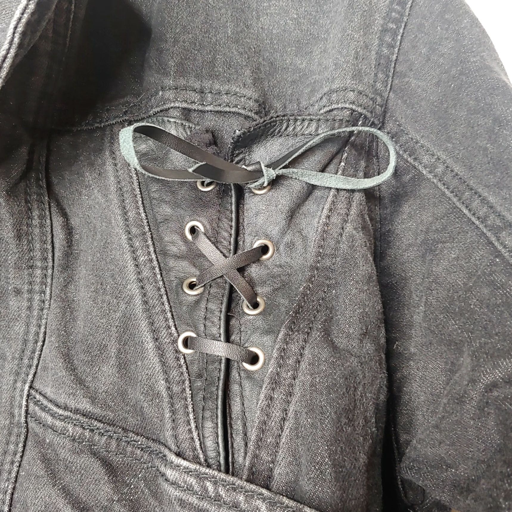 Express VINTAGE Paris Express Denim Jacket Womens Small Black Casual 80s Retro Short Cotton Snap Lace Up Size S / US 4 / IT 40 - 2 Thumbnail
