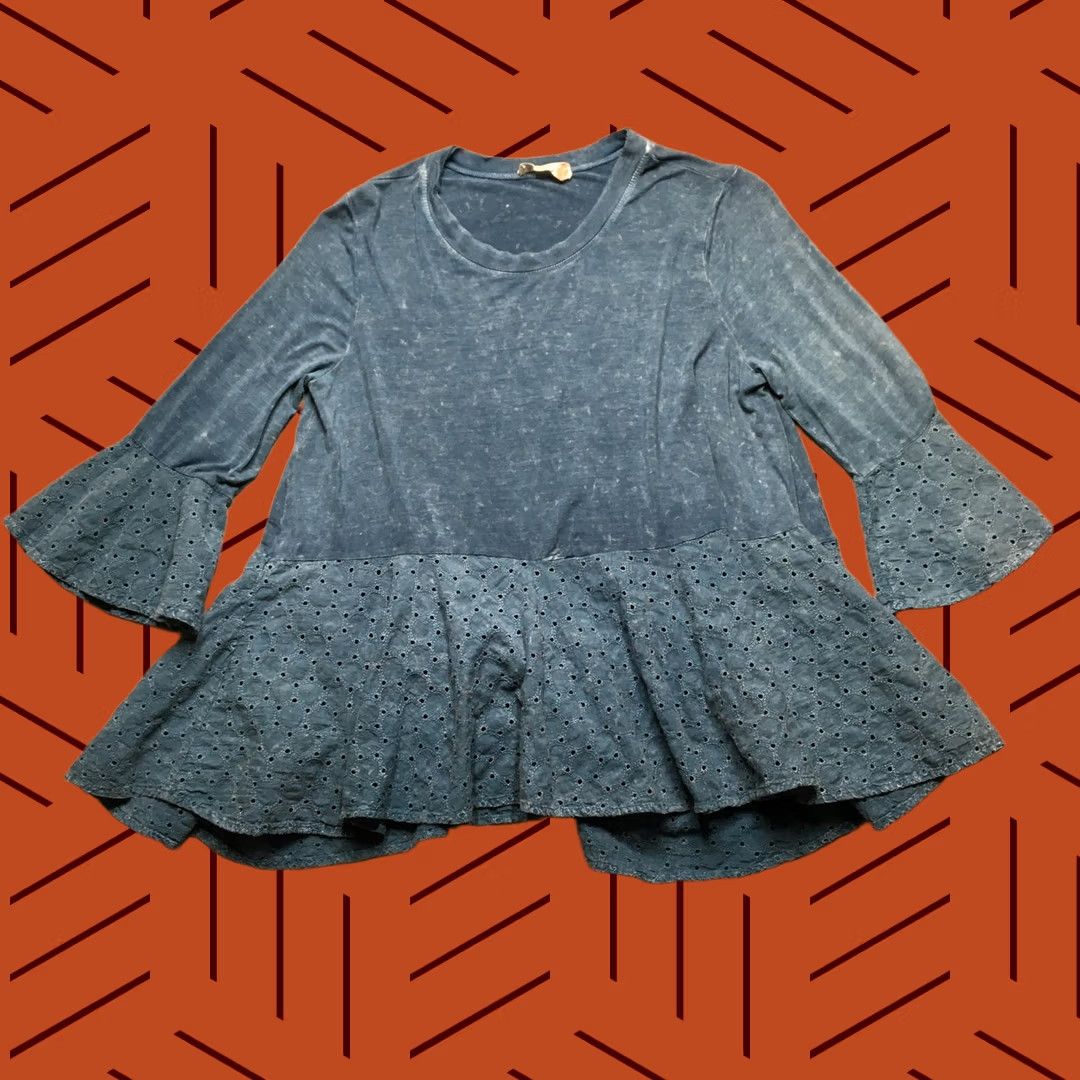 Vintage Altar'd State Boho Peplum Shirt Women Large Blue 3/4 Bell Sleeve Flounce Hem Top Size L / US 10 / IT 46 - 1 Thumbnail