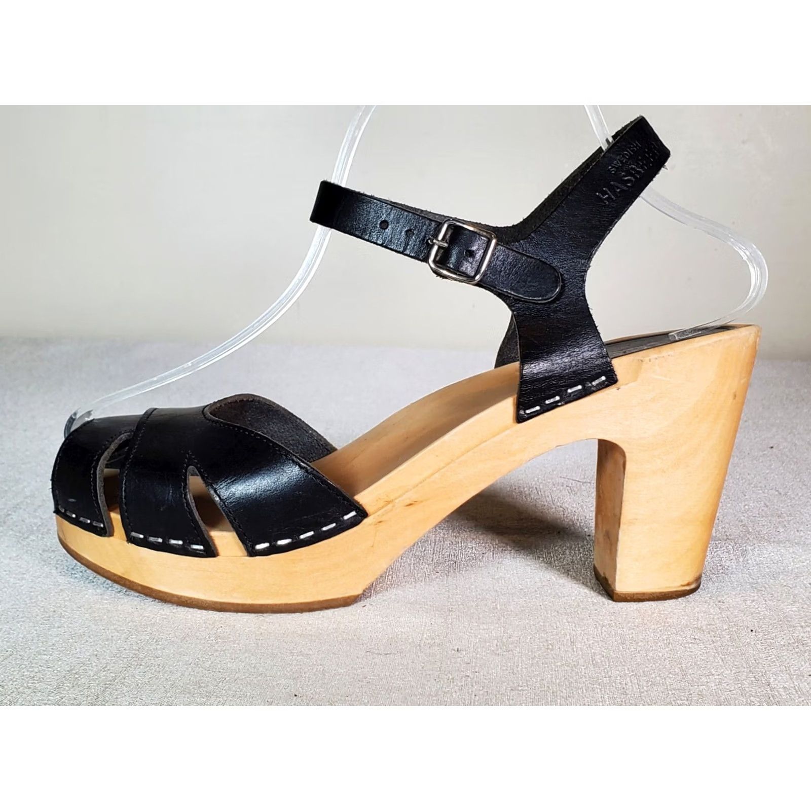 Swedish Hasbeens VINTAGE Swedish Hasbeens Suzanne Debutant Clogs Black Leather Sandals Women's US 10 (EU 40) Block Heel Buckle Ankle Strap Peep Toe Leather Upper Size US 10 / IT 40 - 5 Thumbnail