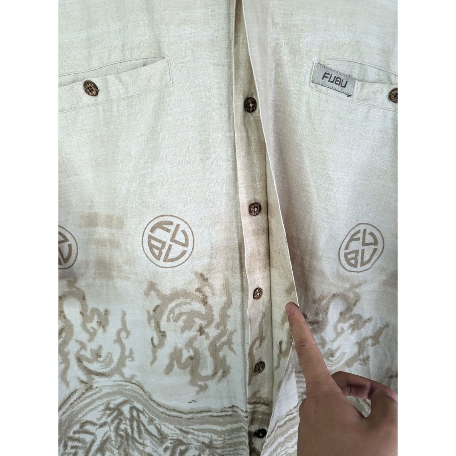 Fubu FUBU Shirt Dragon Beige Linen 2XL Short Sleeve Button-Up Collared Logo Fantasy Print Mens Size US XXL / EU 58 / 5 - 5 Thumbnail
