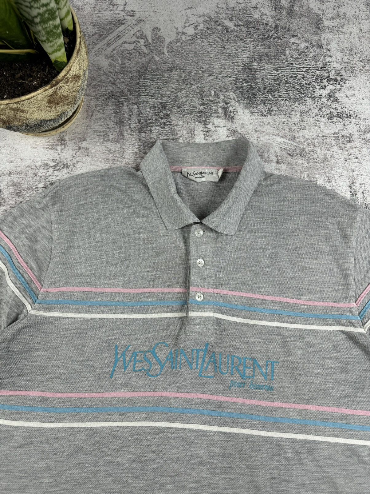 Yves Saint Laurent 90S Yves Saint Laurent YSL Striped Big Logo Polo T Shirt Tee Size US L / EU 52-54 / 3 - 6 Thumbnail