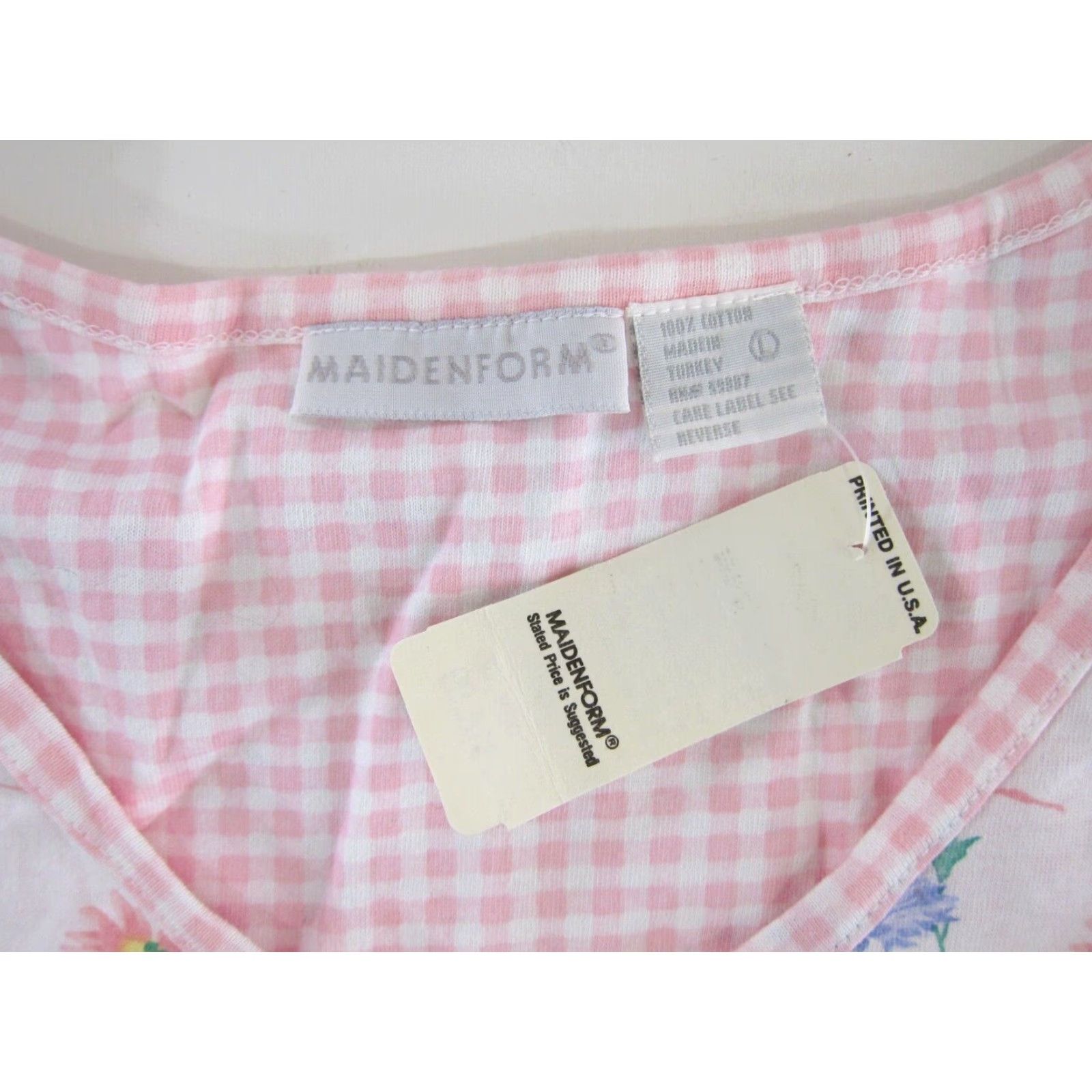 Vintage NWT Maidenform Night Shirt Blouse Short Sleeve Pink Plaid Floral Cotton Large Women Size L / US 10 / IT 46 - 4 Thumbnail
