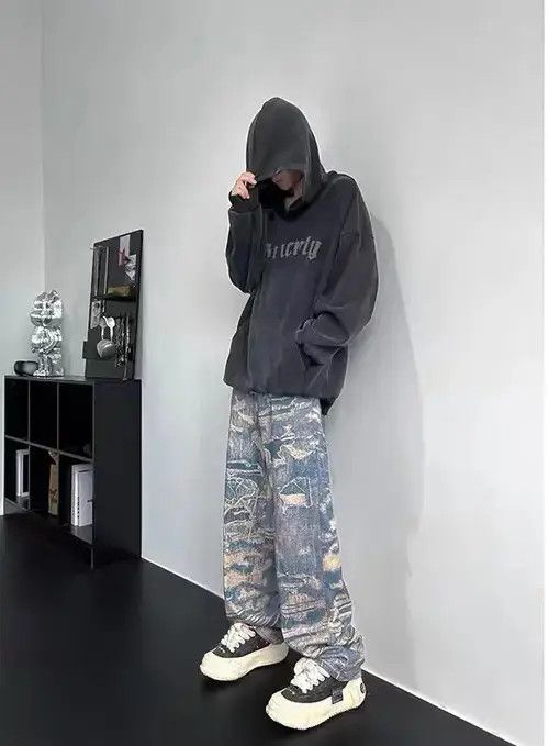 Designer Retro High Street Trendy Loose Wide Leg Printed Jeans Size US 32 / EU 48 - 4 Thumbnail