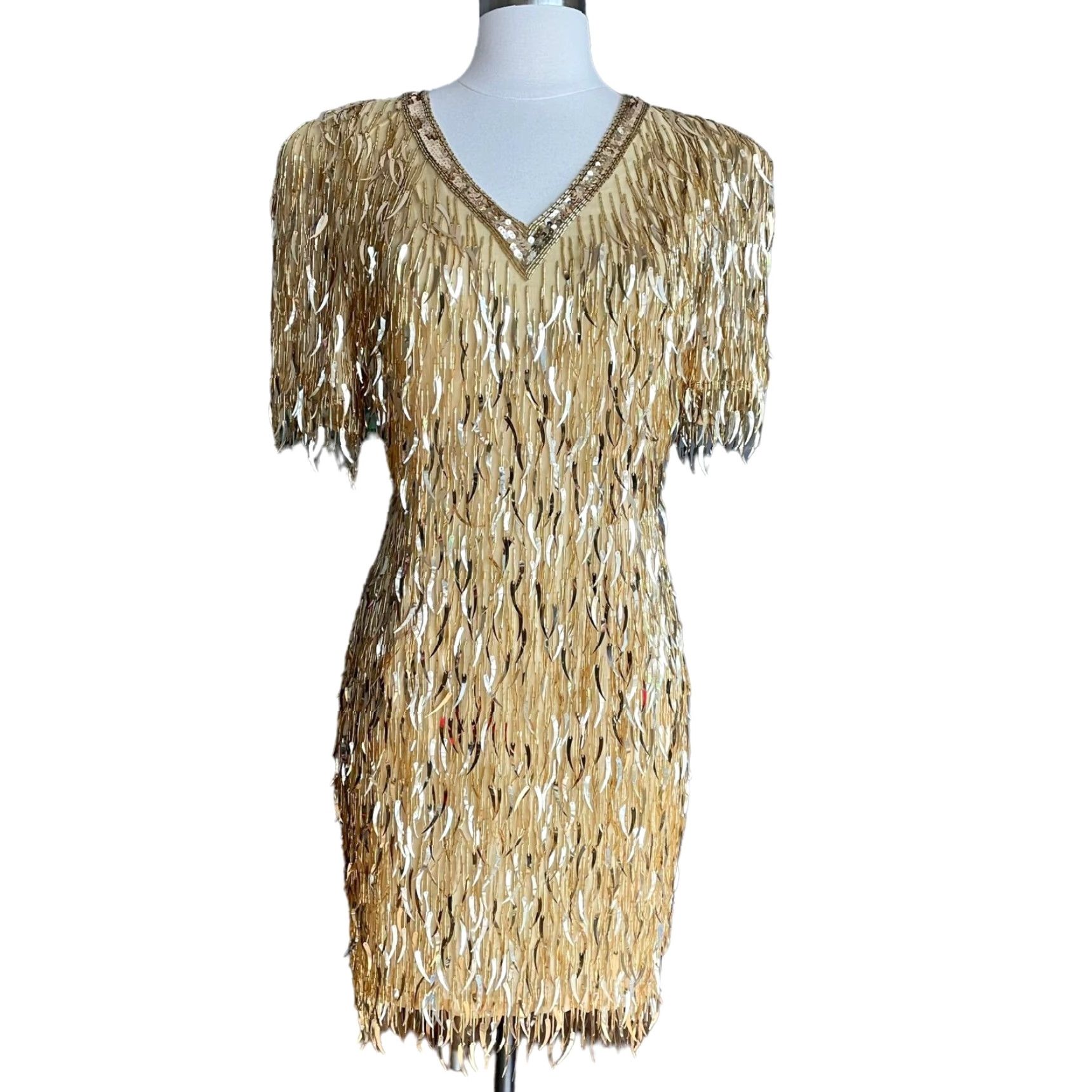 Oleg Cassini VINTAGE Oleg Cassini Dagger Sequin Dress Sheath 90s 80s Party Gold Silk Size 4 Womens Size 27" / US 4 / IT 40 - 2 Thumbnail